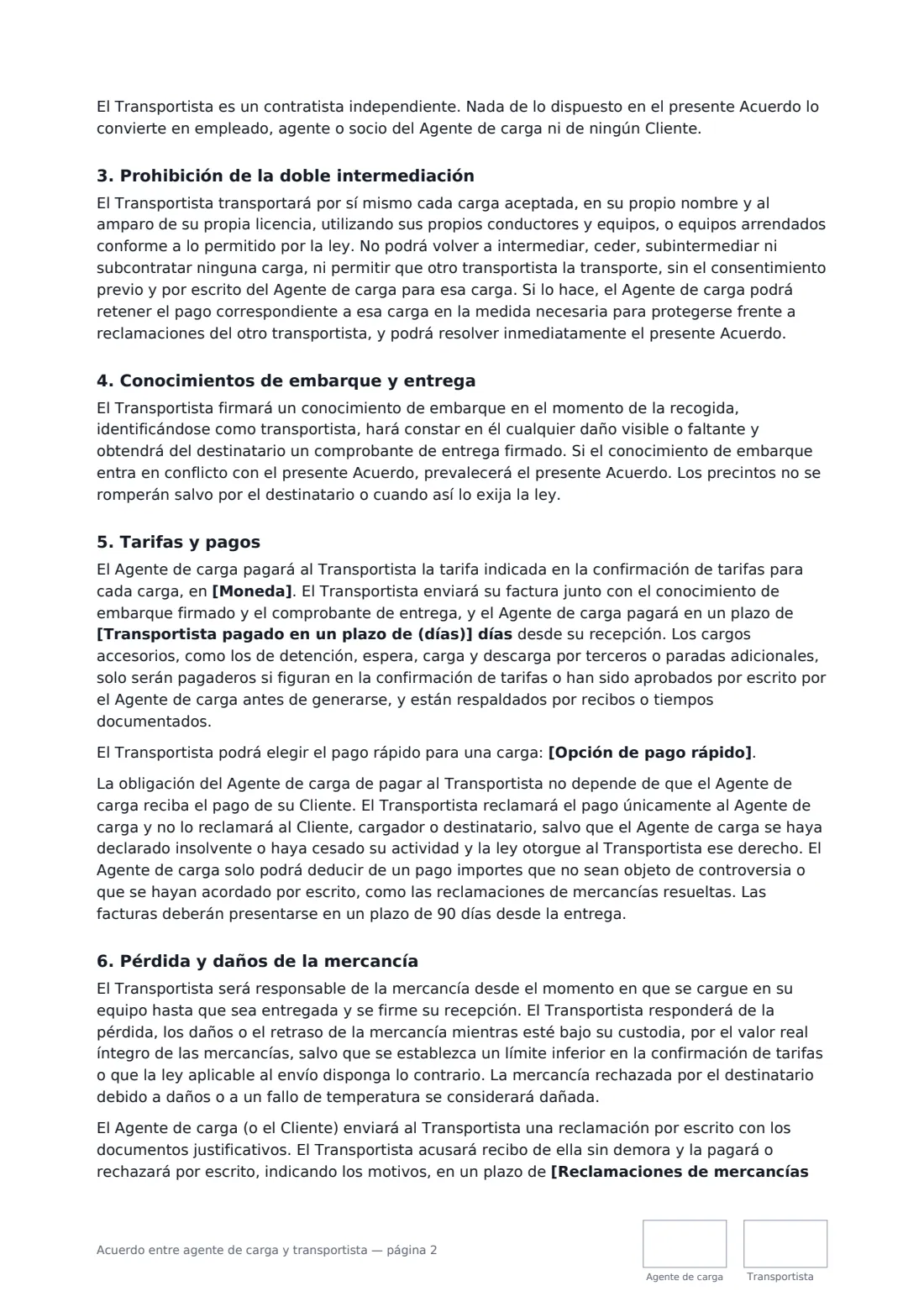 Acuerdo entre agente de carga y transportista: página 2 de 4