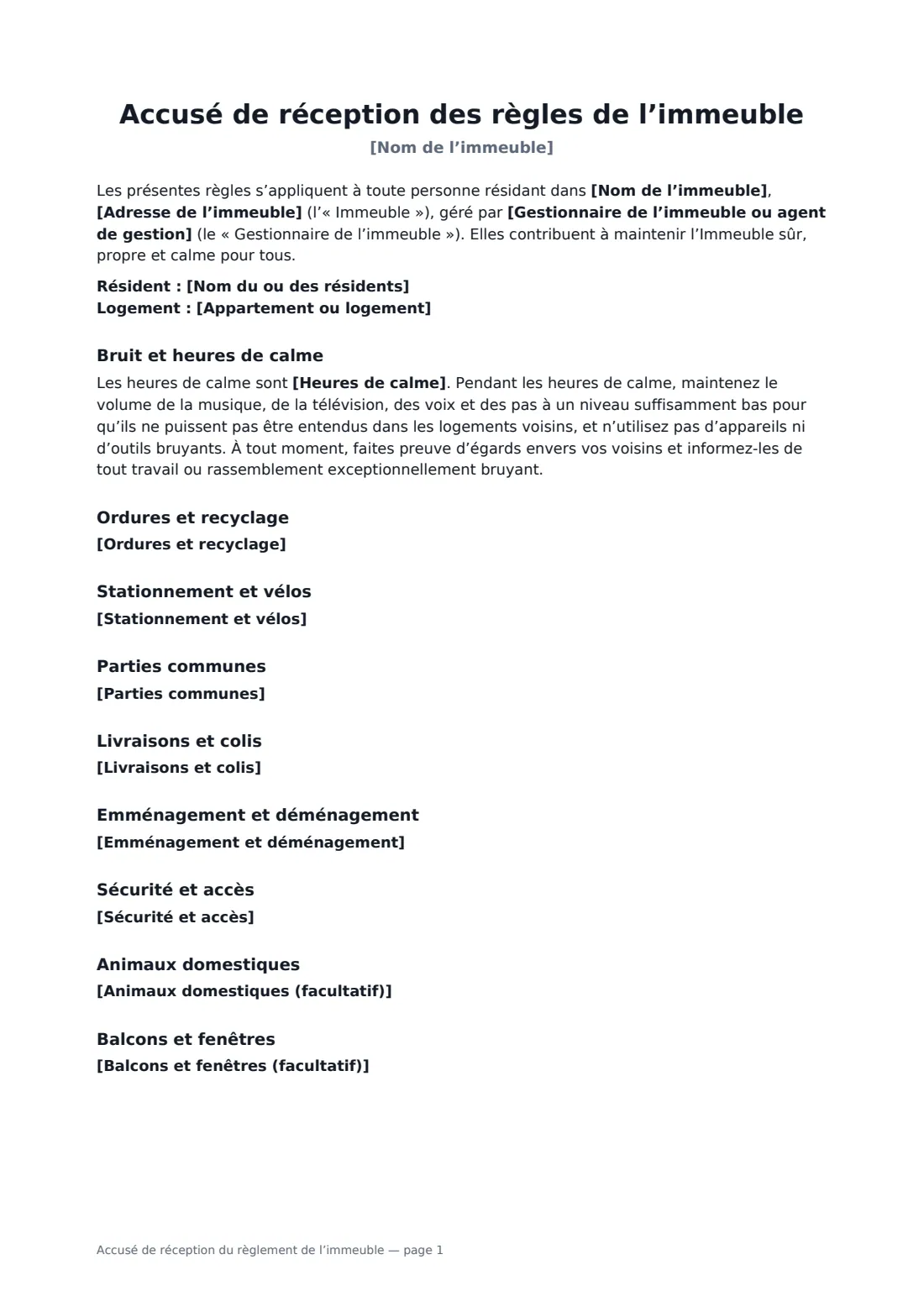 Accusé de réception du règlement de l’immeuble — page 1 sur 3
