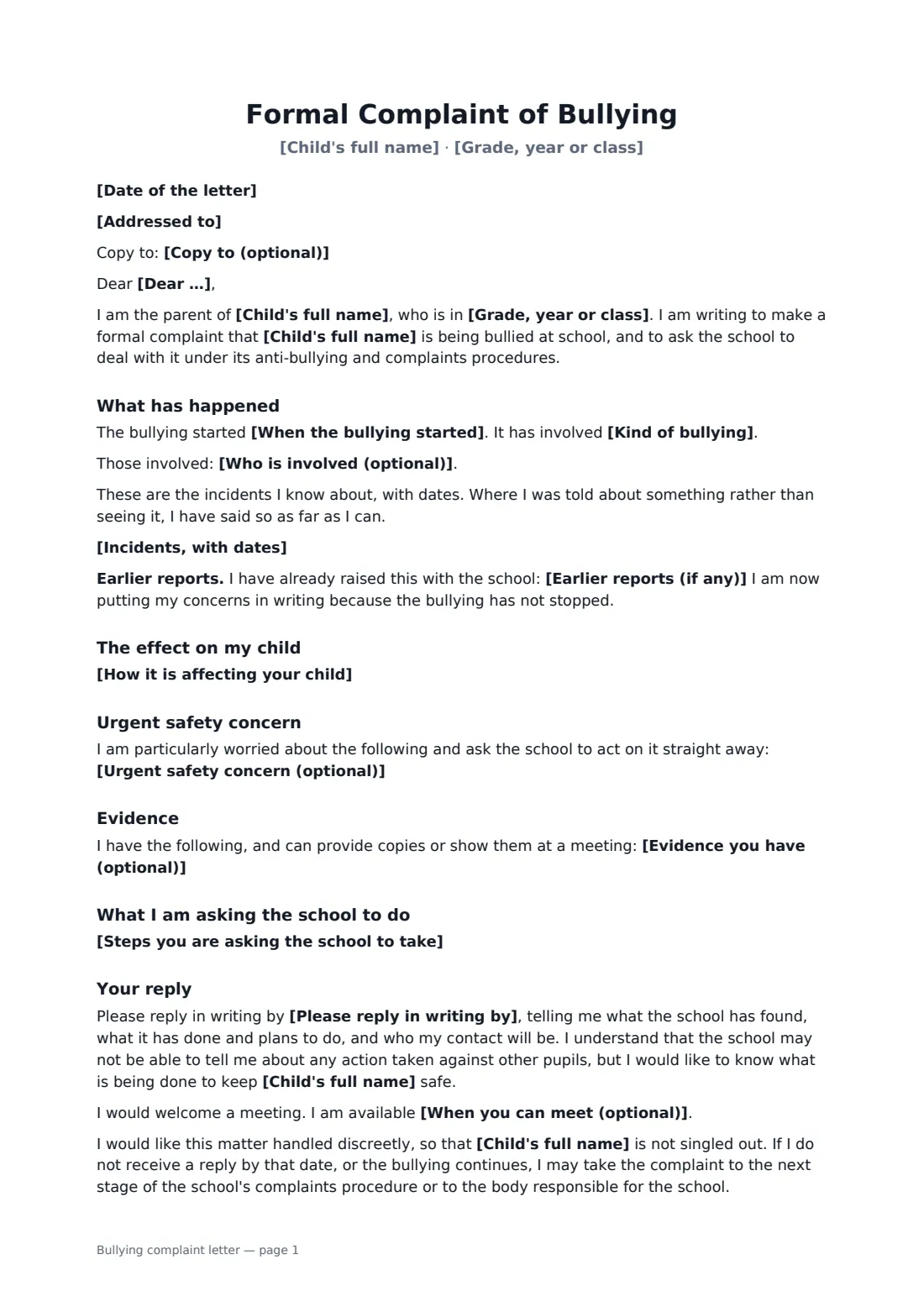 Bullying complaint letter — page 1 of 2