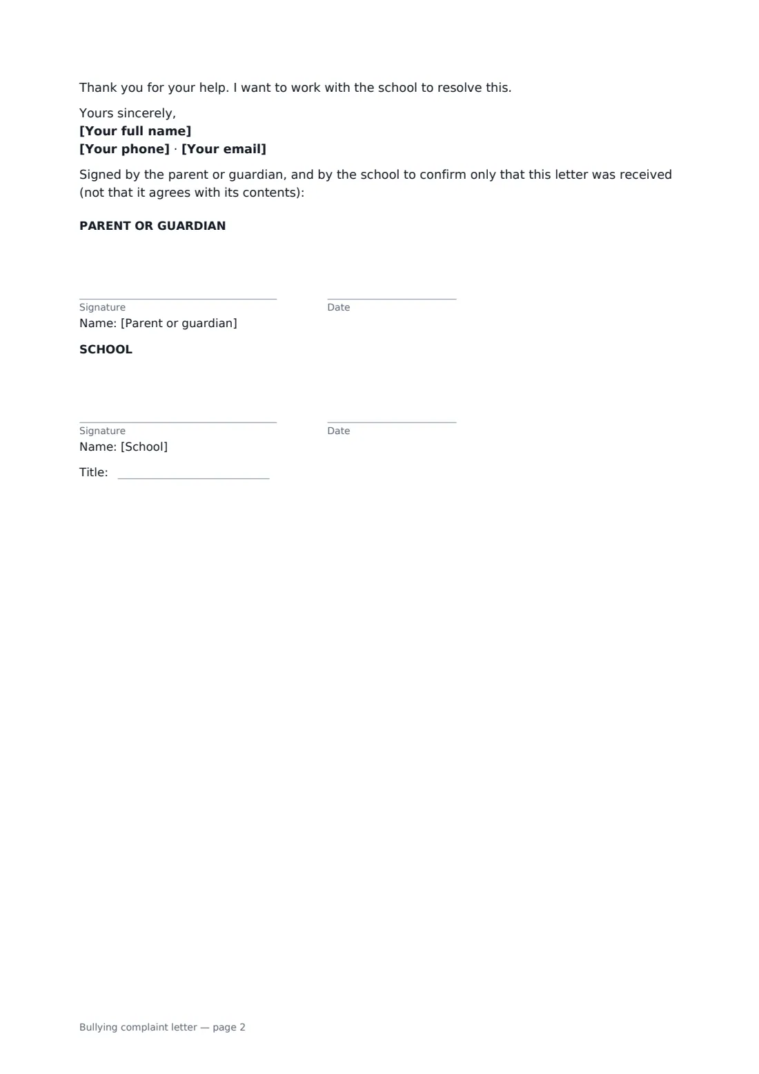 Bullying complaint letter — page 2 of 2