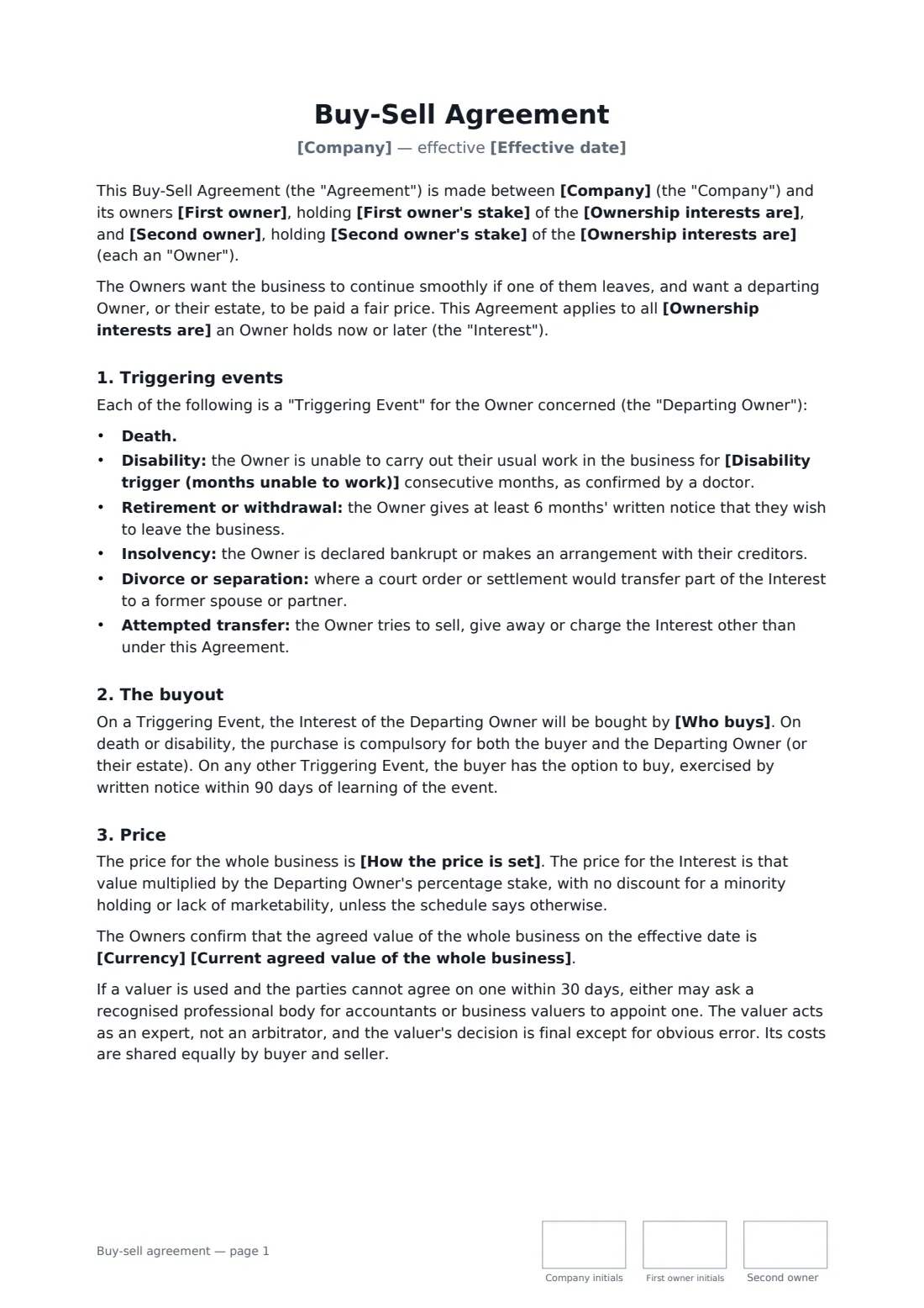 Buy-sell agreement — page 1 of 2