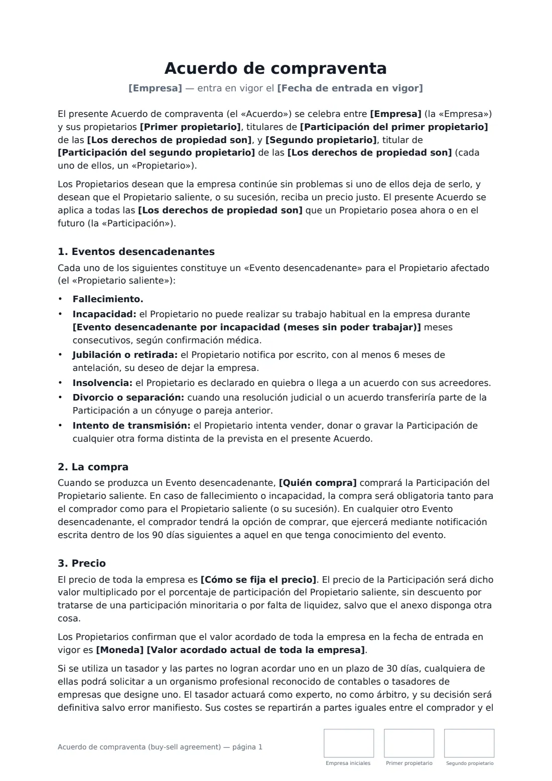 Acuerdo de compraventa (buy-sell agreement): página 1 de 3