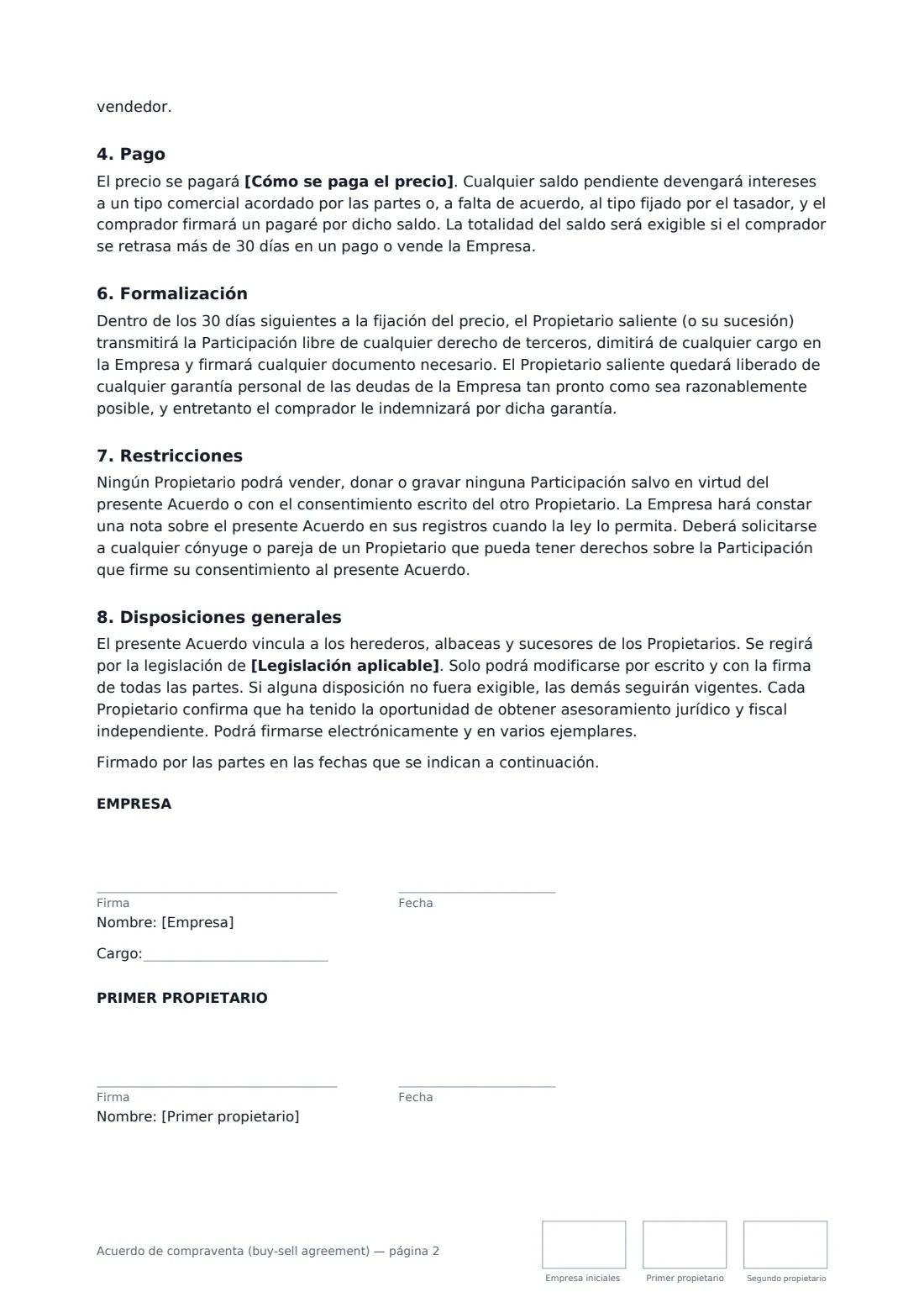 Acuerdo de compraventa (buy-sell agreement): página 2 de 3