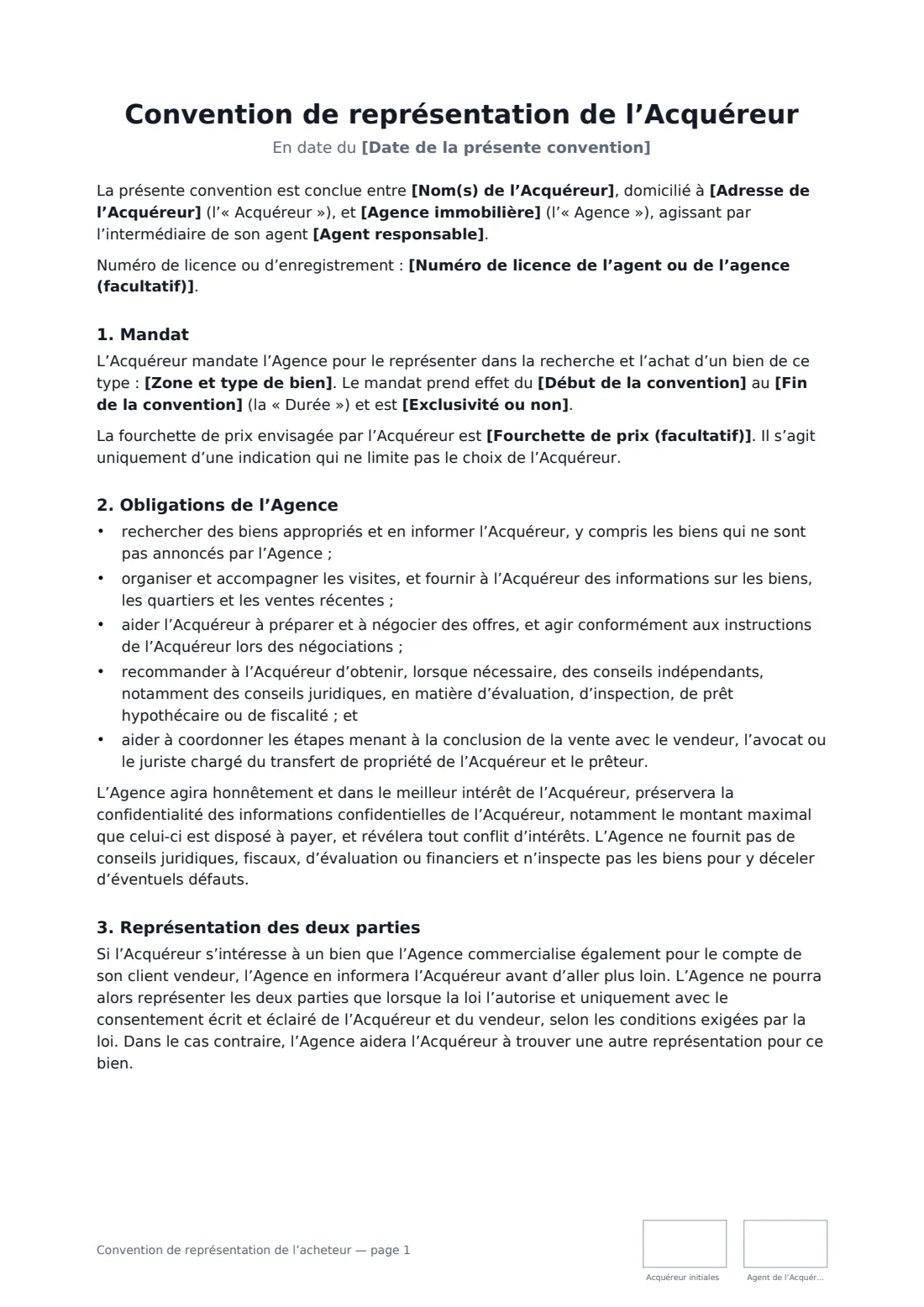 Convention de représentation de l’acheteur — page 1 sur 3