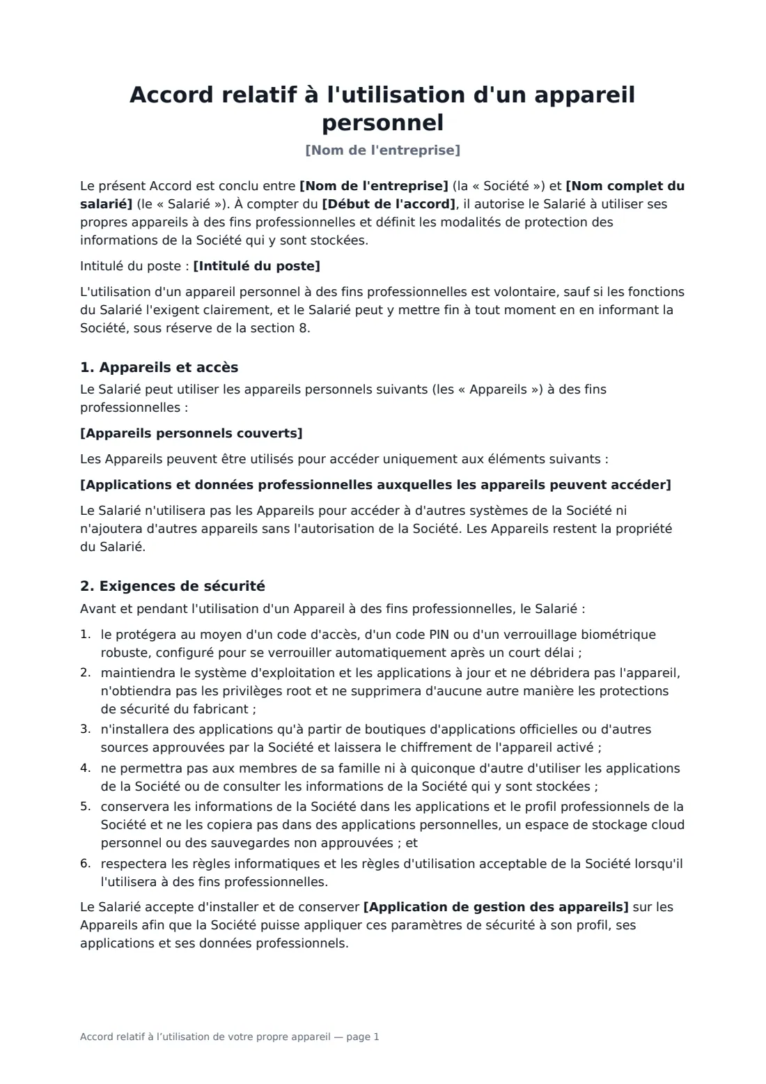 Accord relatif à l’utilisation de votre propre appareil — page 1 sur 3