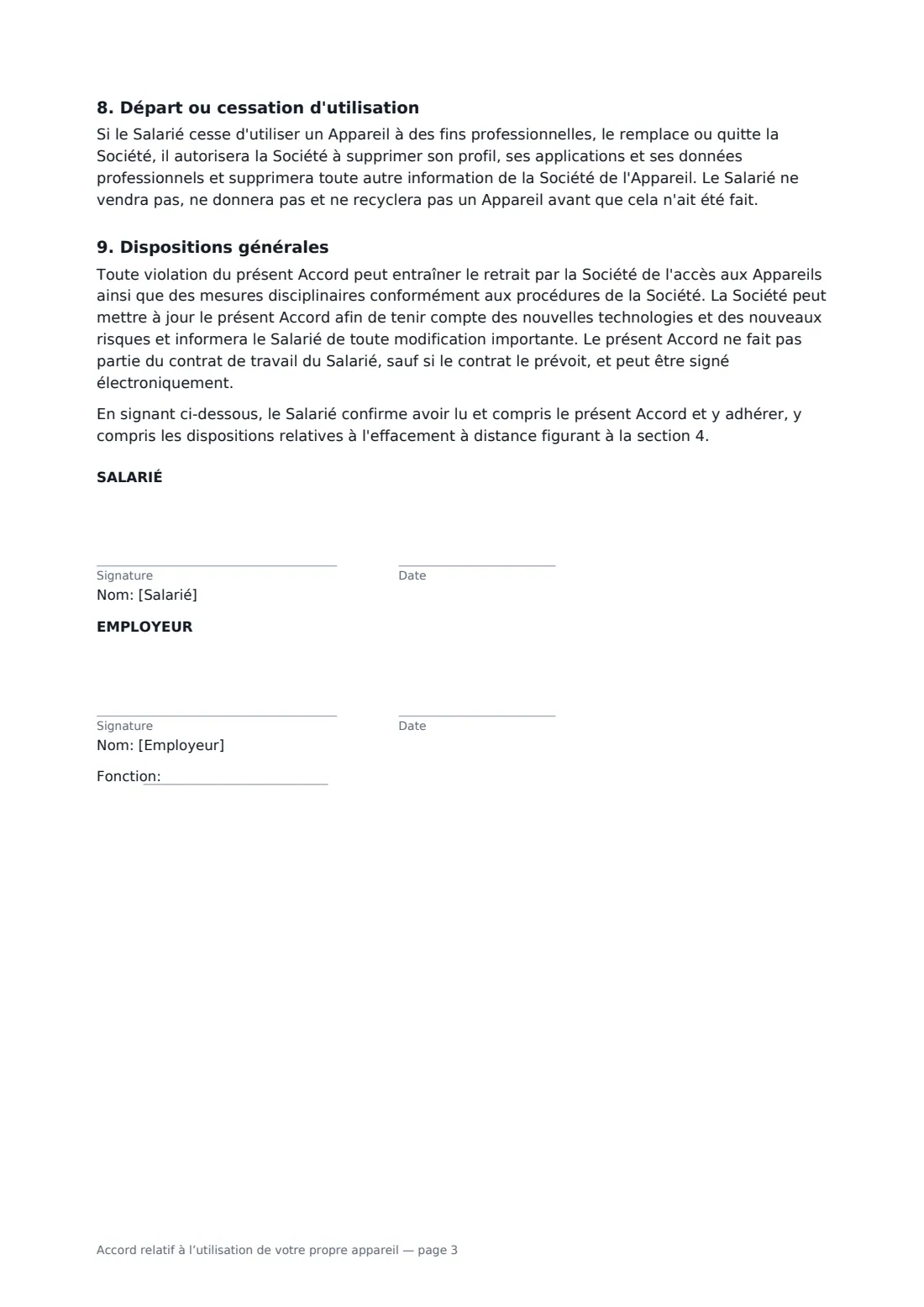 Accord relatif à l’utilisation de votre propre appareil — page 3 sur 3