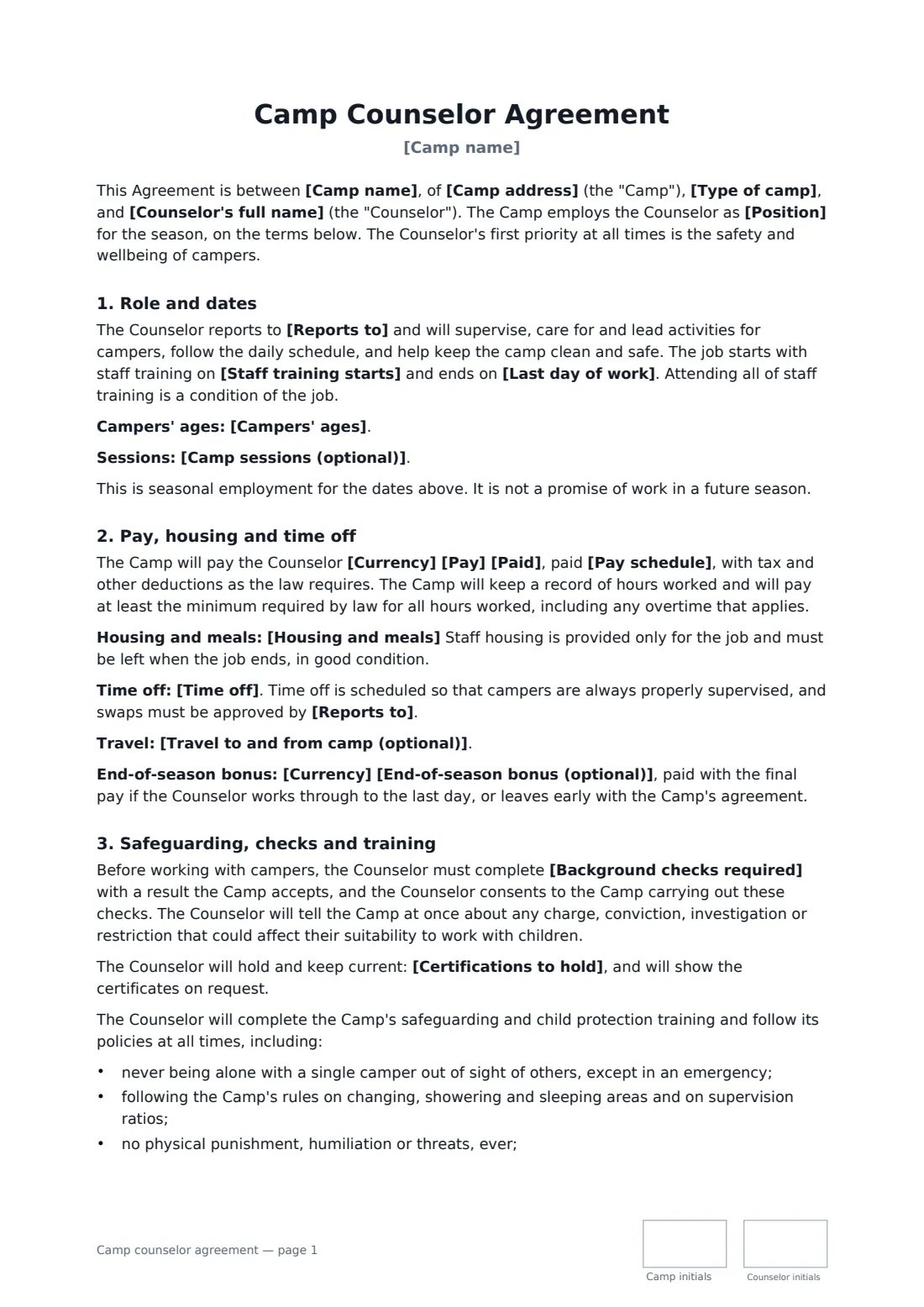 Camp counselor agreement — page 1 of 3