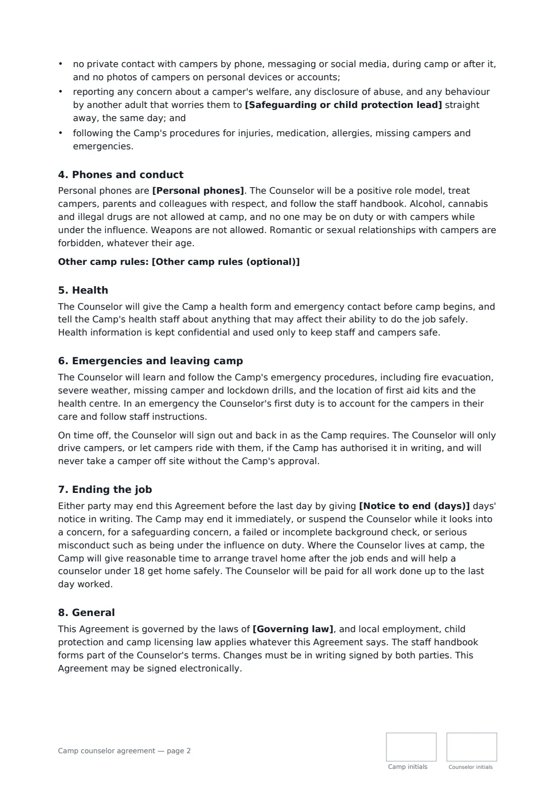 Camp counselor agreement — page 2 of 3