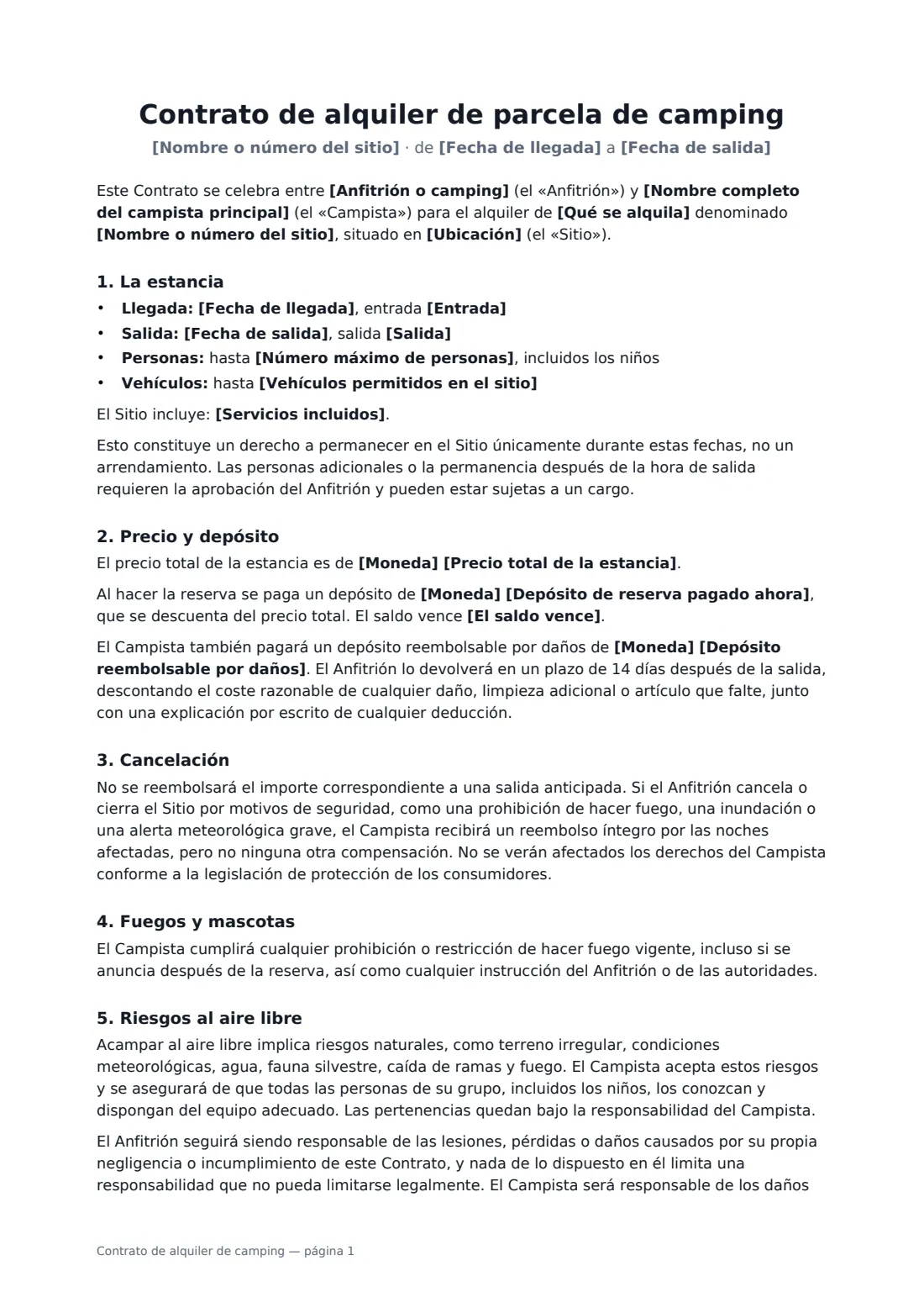 Contrato de alquiler de camping: página 1 de 2