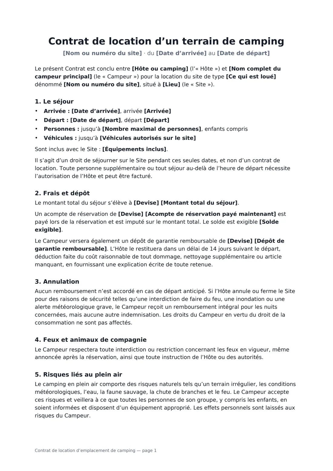 Contrat de location d’emplacement de camping — page 1 sur 3
