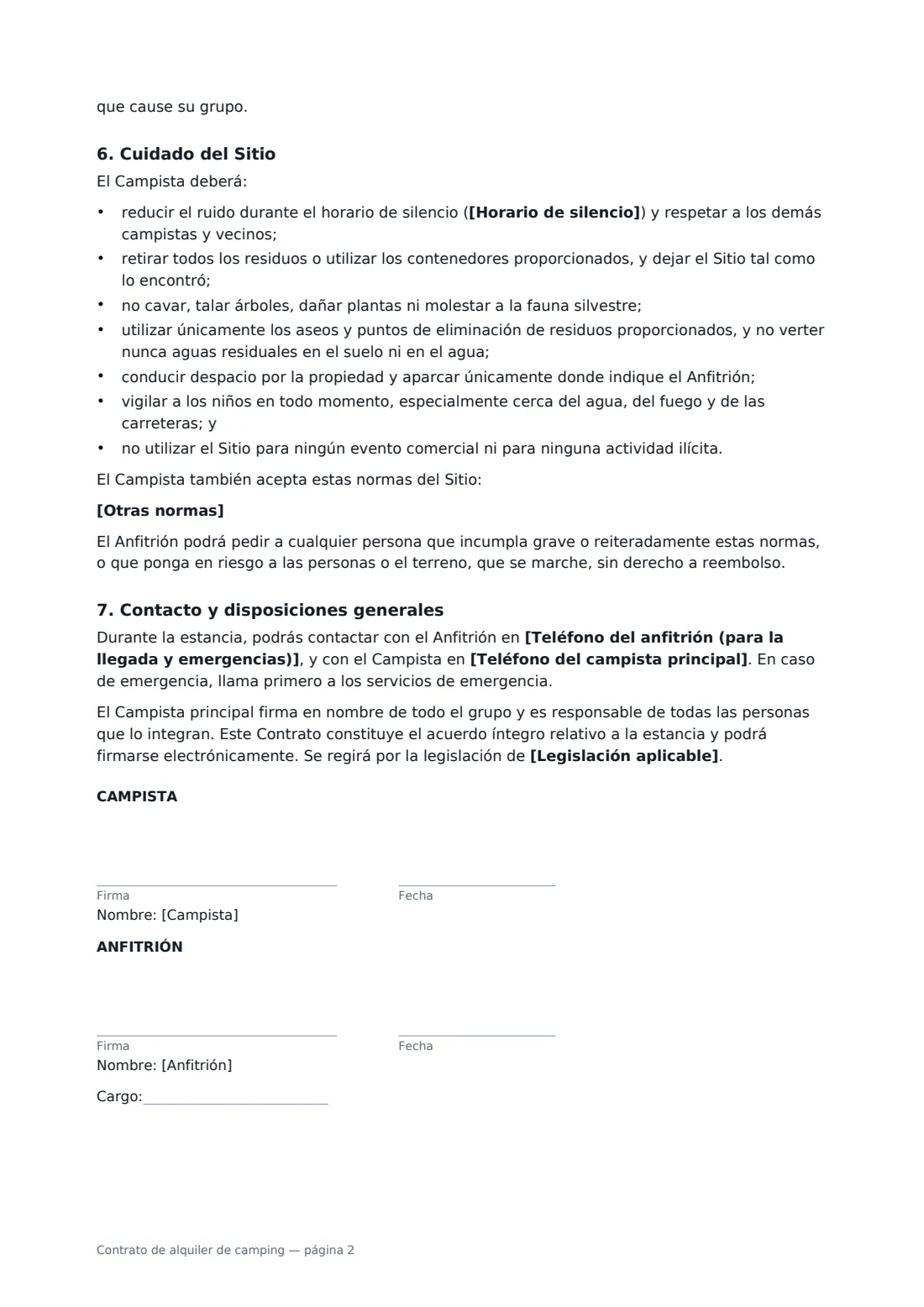 Contrato de alquiler de camping: página 2 de 2