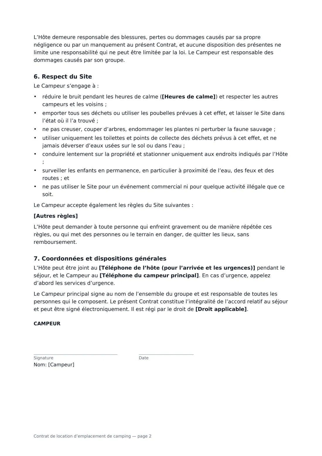 Contrat de location d’emplacement de camping — page 2 sur 3