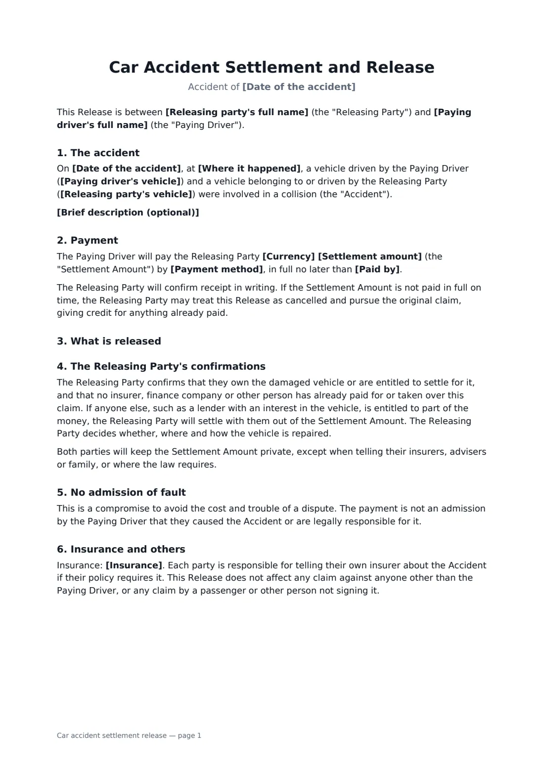 Car accident settlement release — page 1 of 2