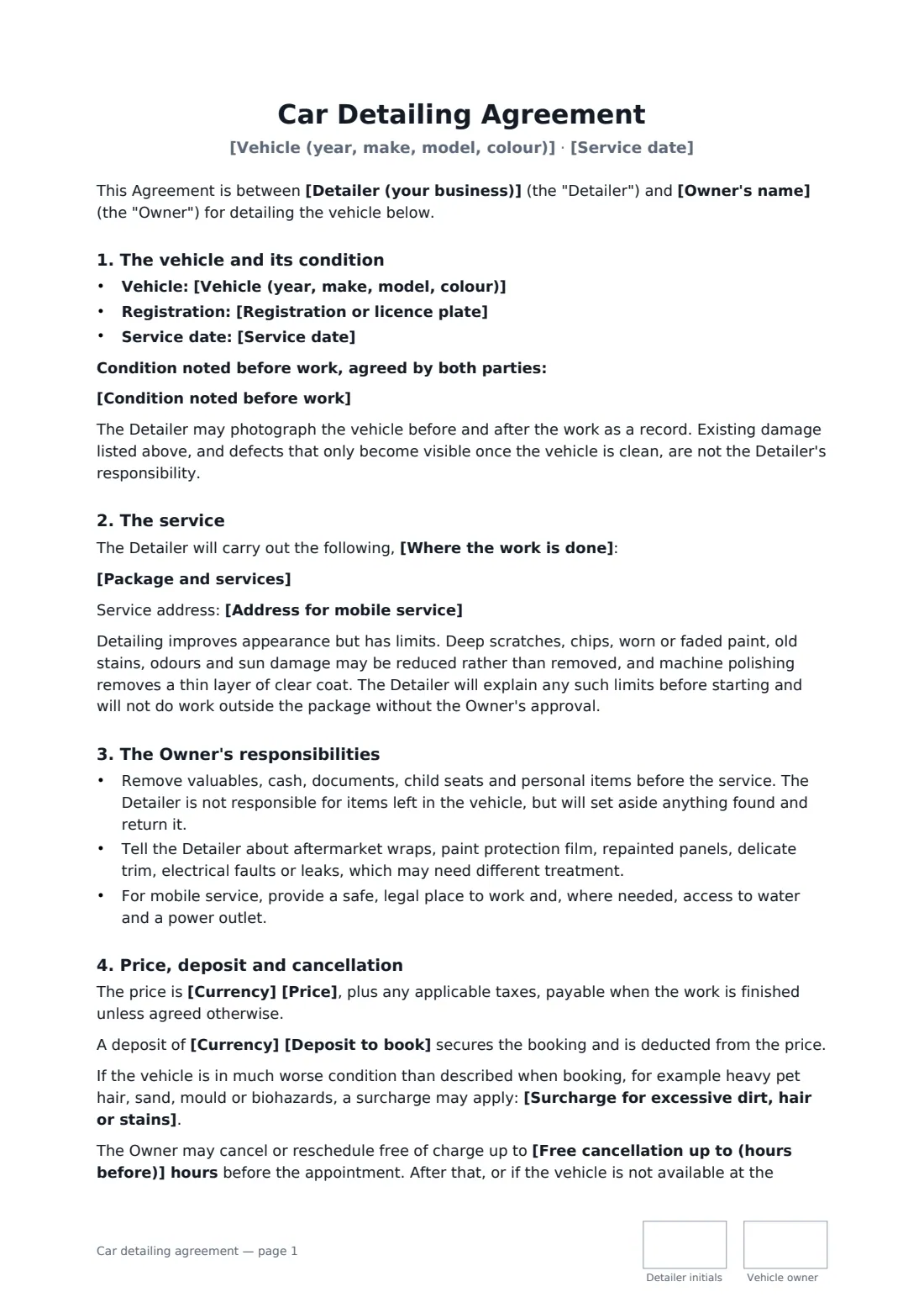 Car detailing agreement — page 1 of 2