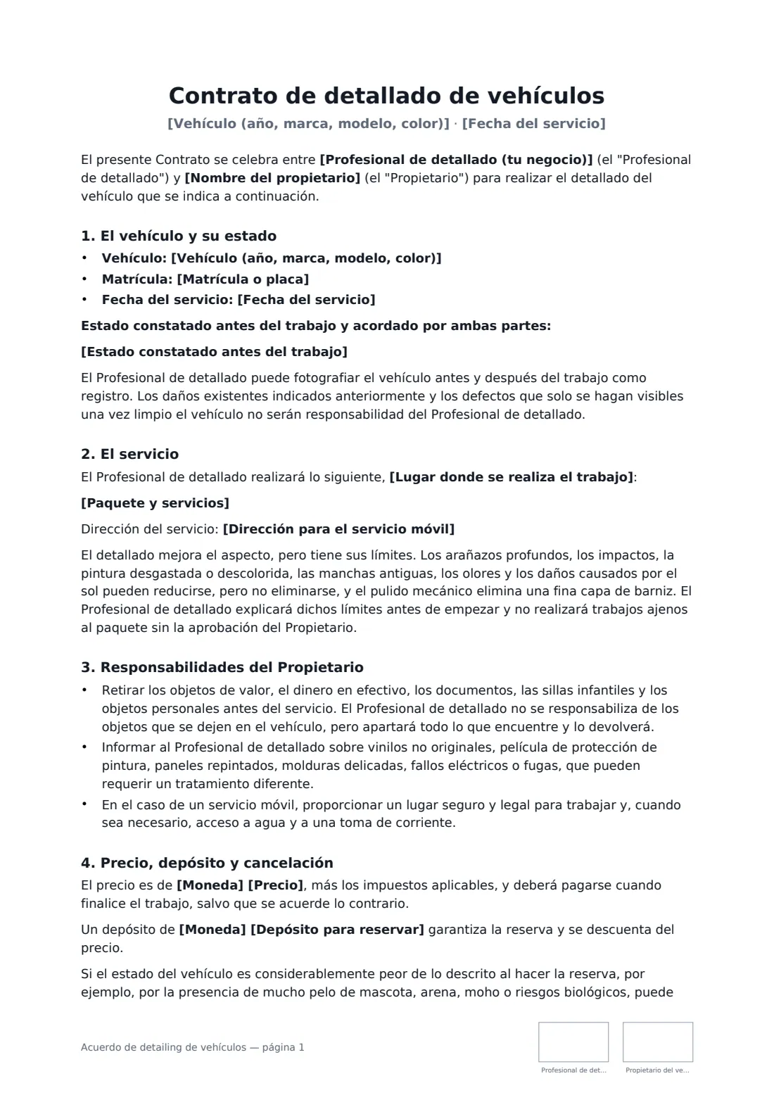 Acuerdo de detailing de vehículos: página 1 de 3