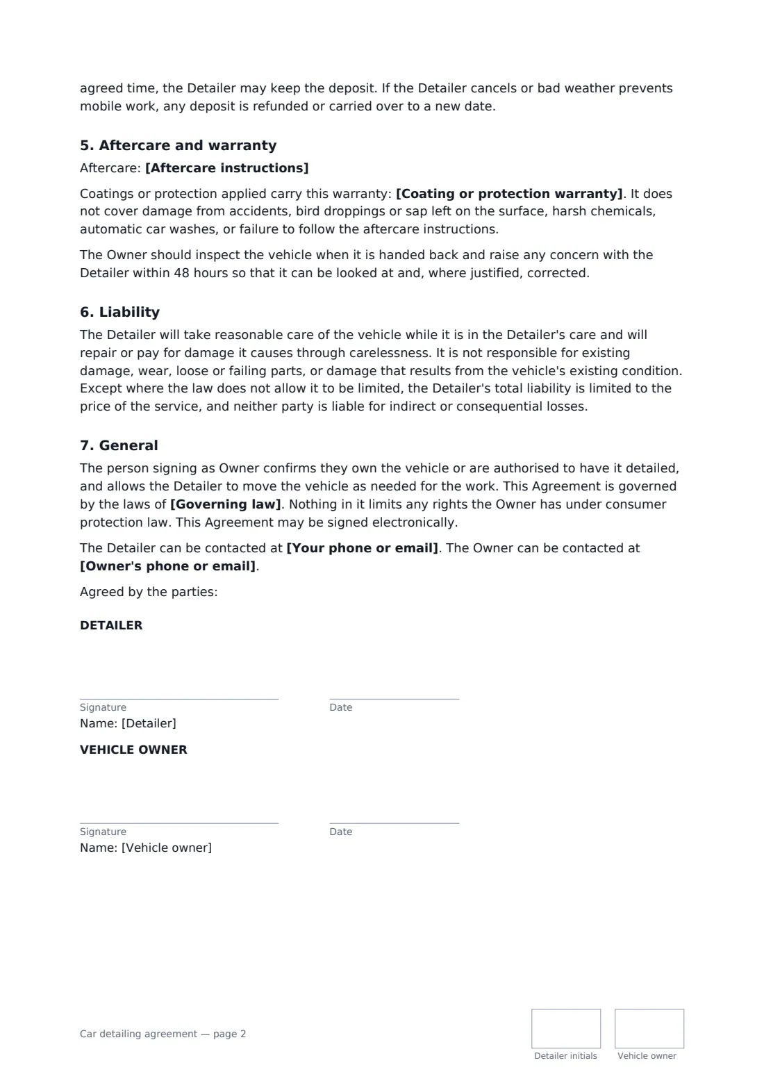 Car detailing agreement — page 2 of 2