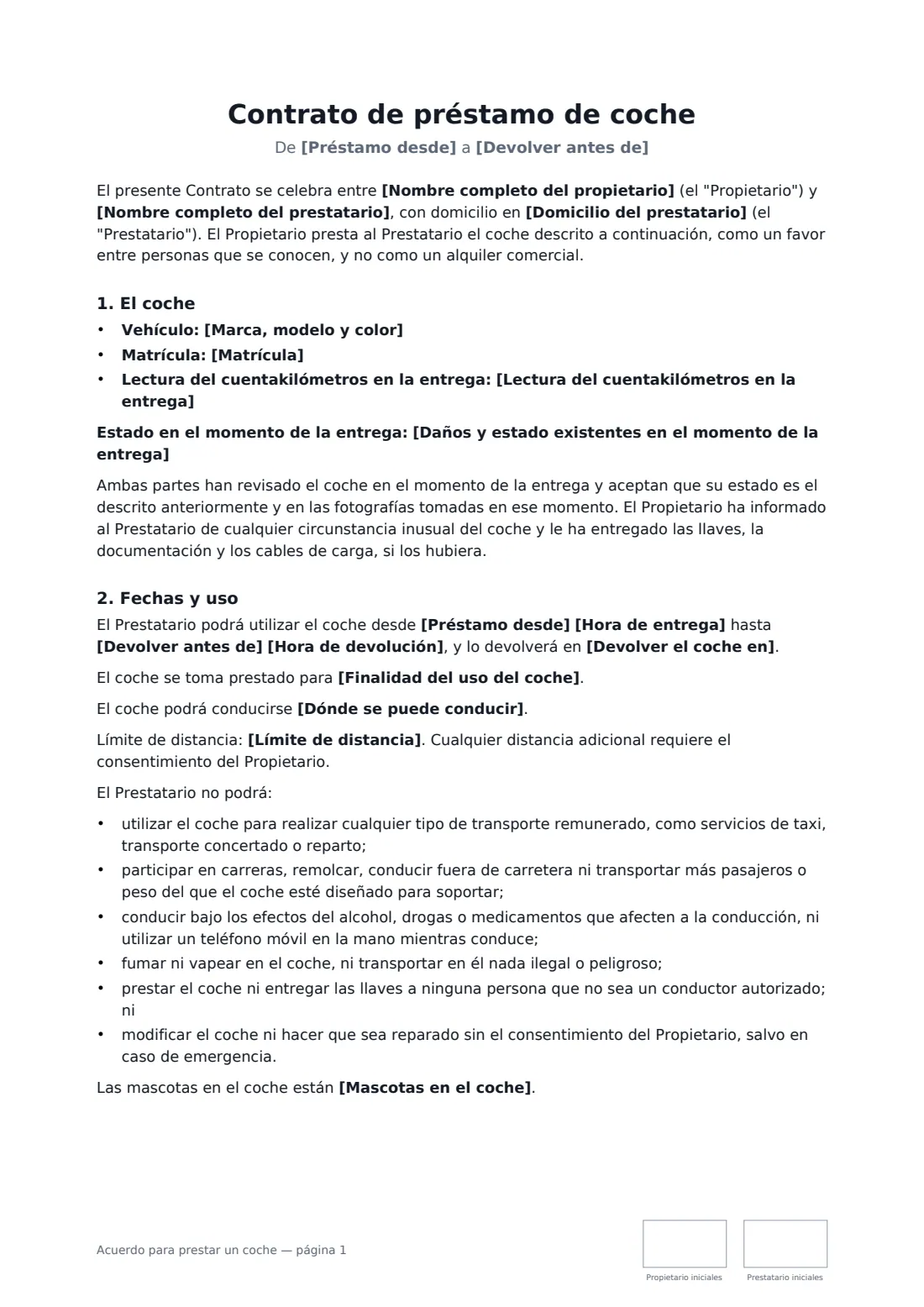 Acuerdo para prestar un coche: página 1 de 3