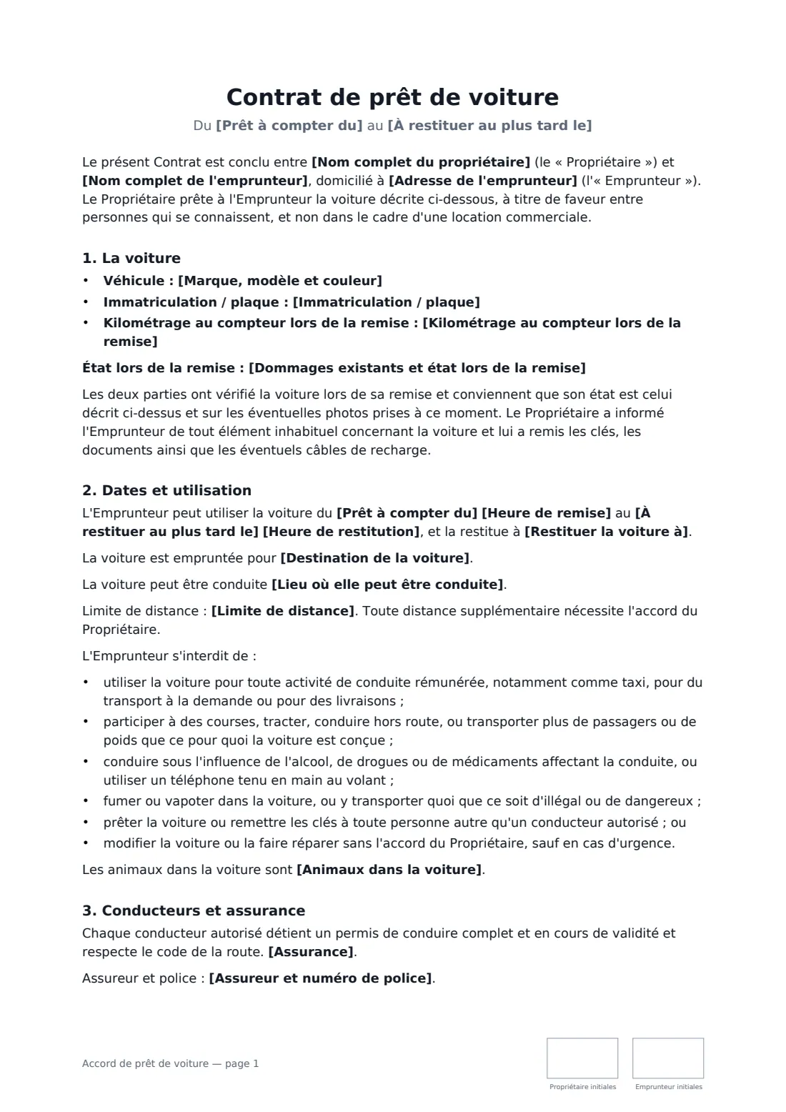 Accord de prêt de voiture — page 1 sur 3