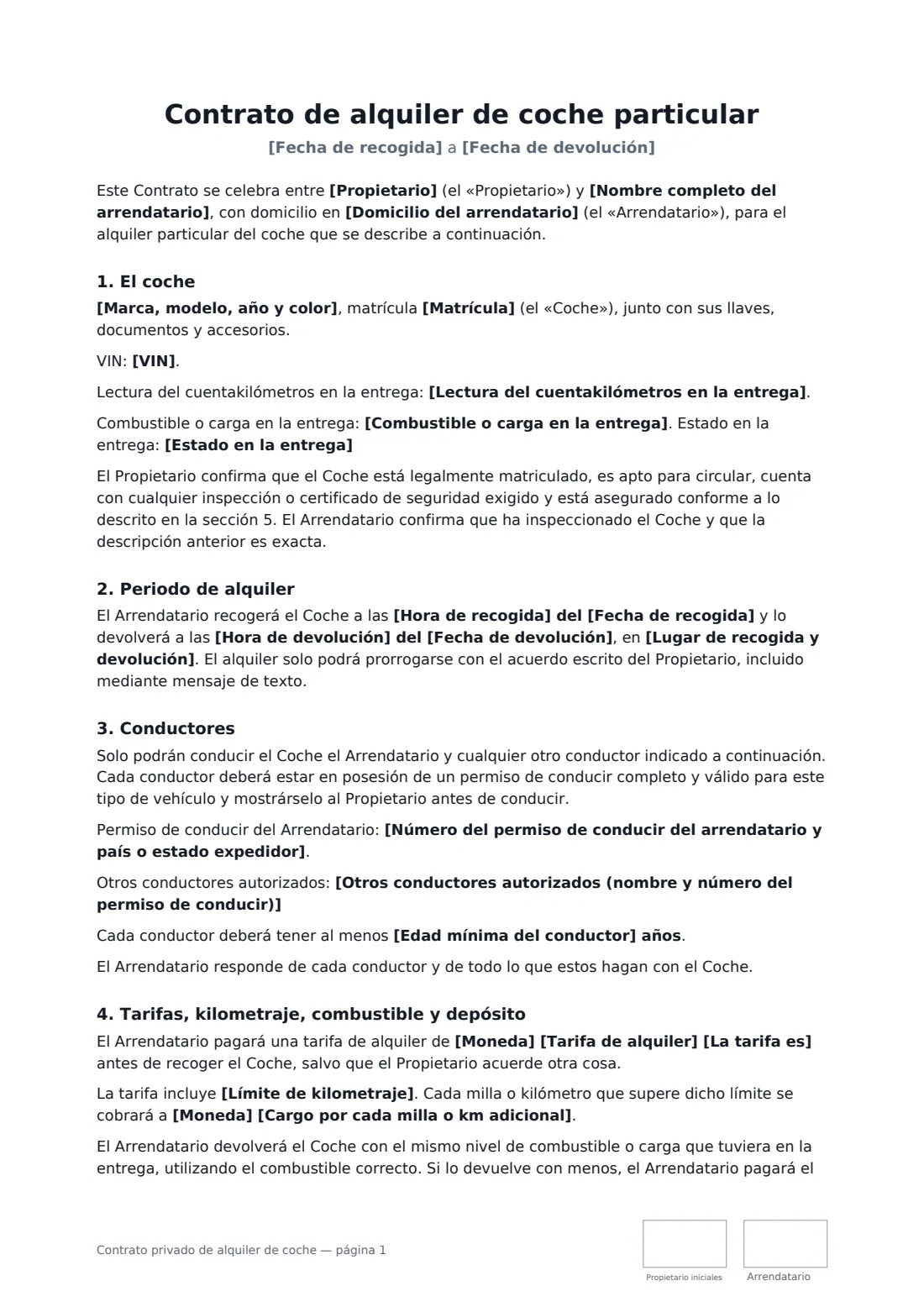 Contrato privado de alquiler de coche: página 1 de 3