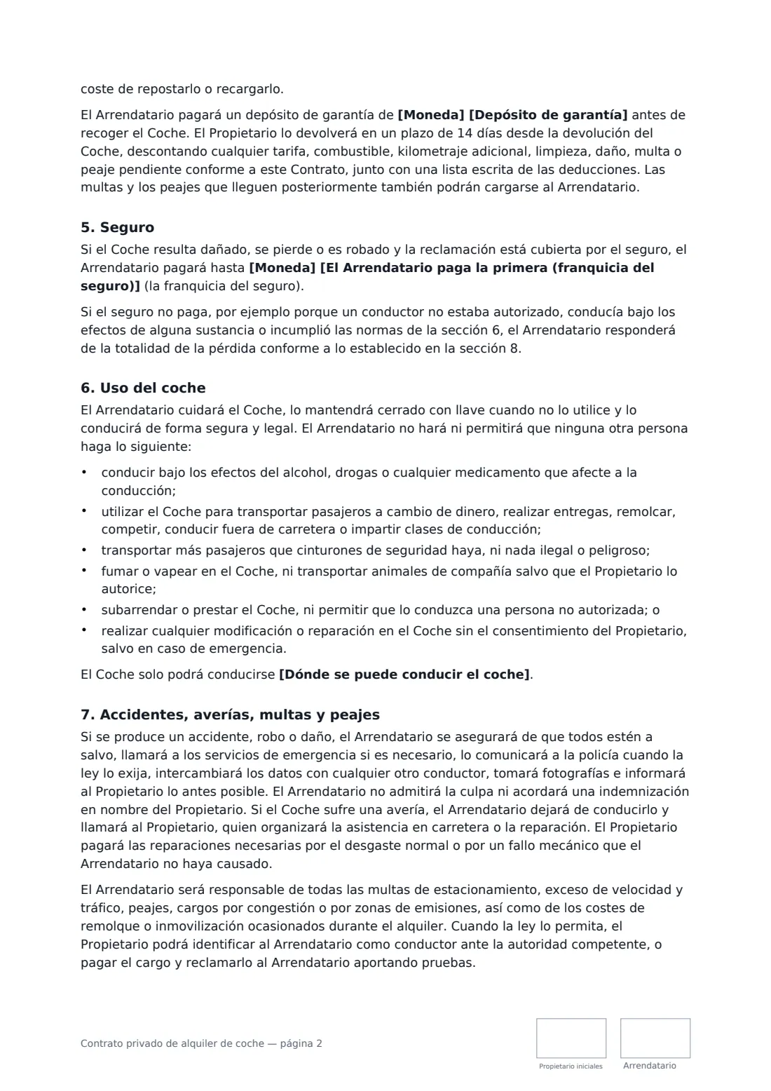Contrato privado de alquiler de coche: página 2 de 3