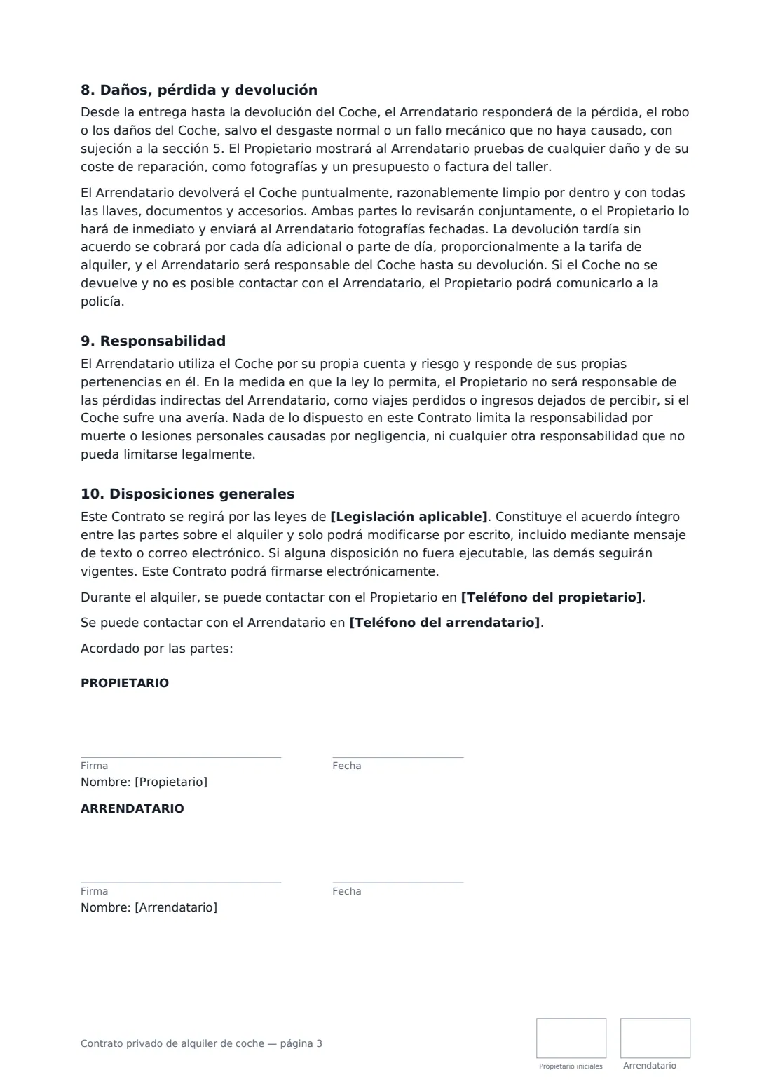 Contrato privado de alquiler de coche: página 3 de 3