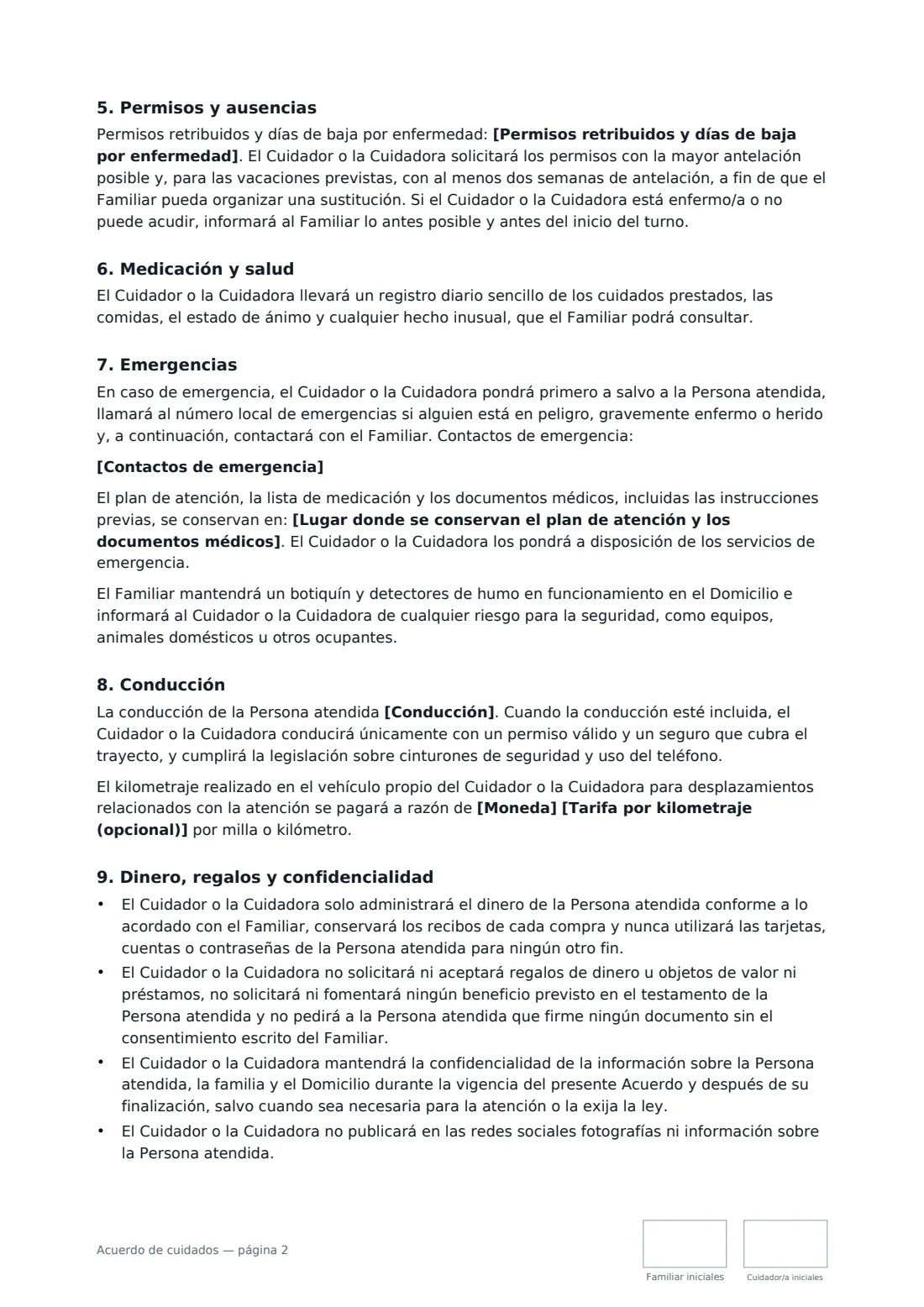 Acuerdo de cuidados: página 2 de 3
