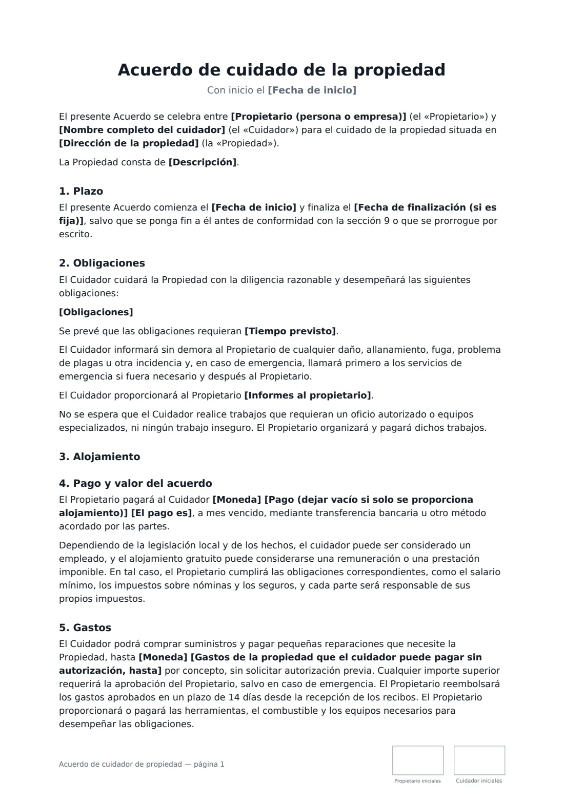 Acuerdo de cuidador de propiedad: página 1 de 3