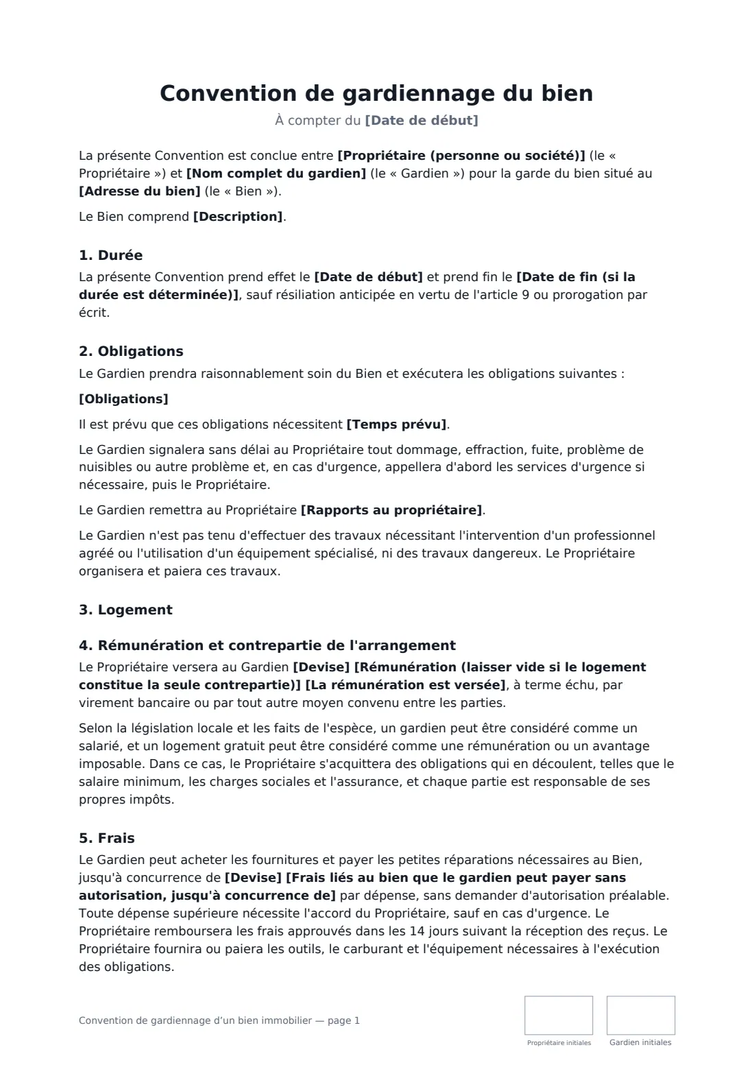 Convention de gardiennage d’un bien immobilier — page 1 sur 3