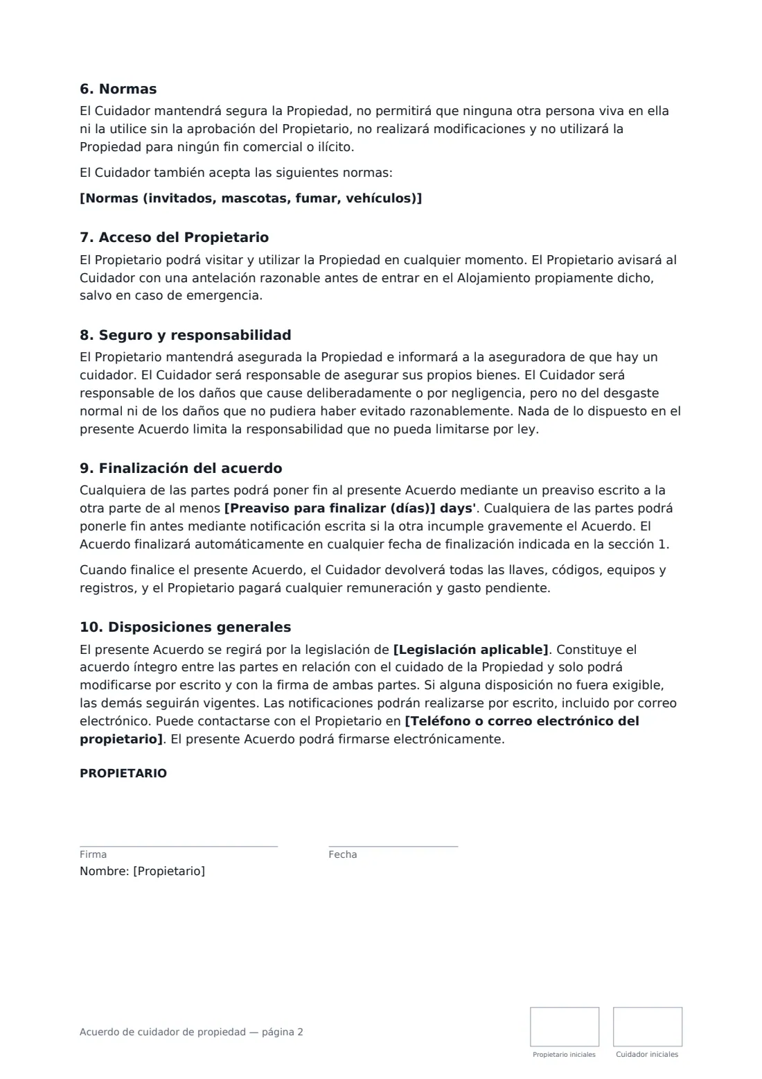 Acuerdo de cuidador de propiedad: página 2 de 3