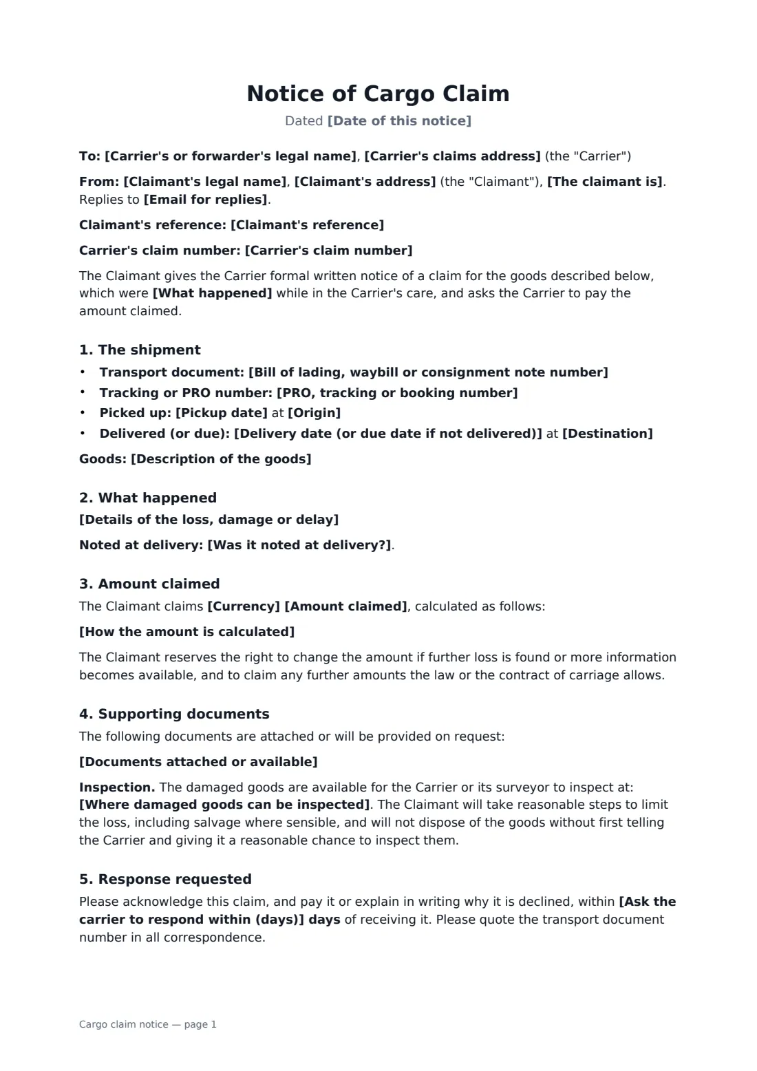 Cargo claim notice — page 1 of 2
