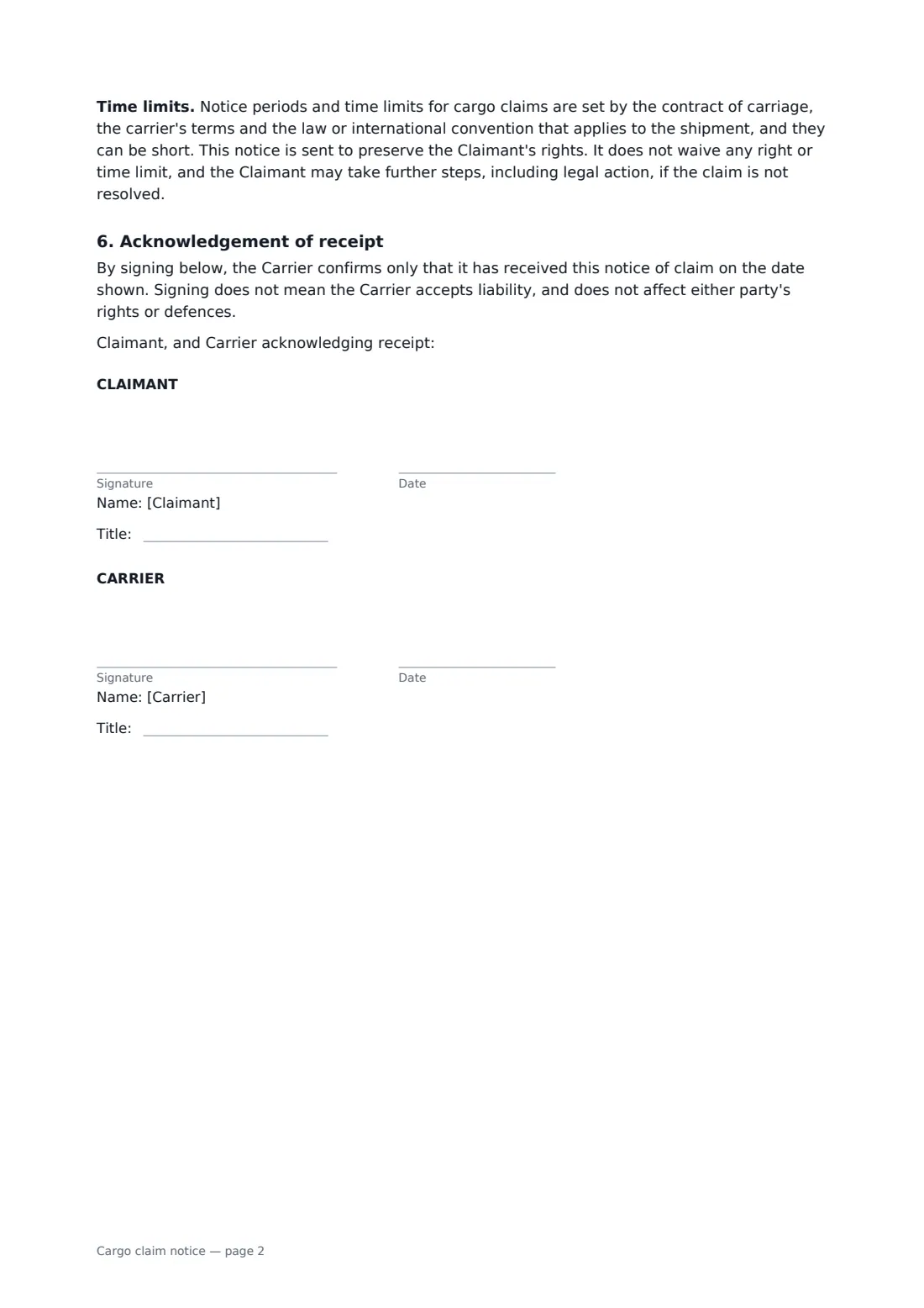 Cargo claim notice — page 2 of 2