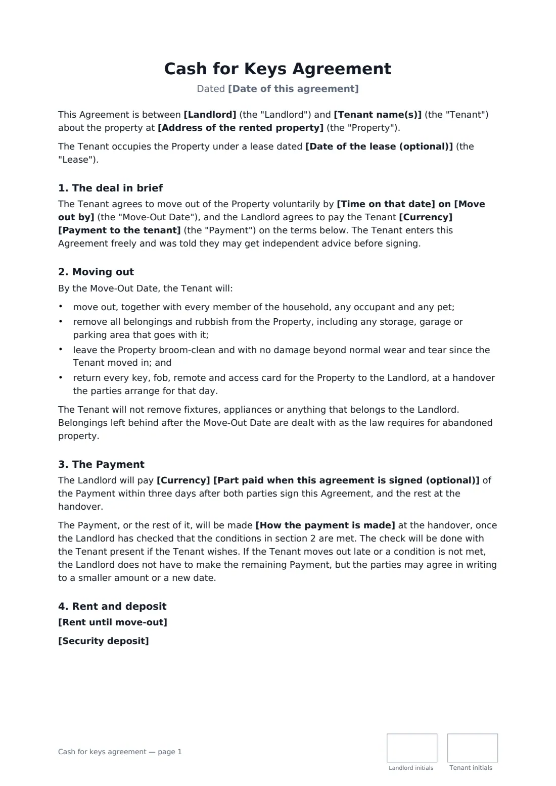 Cash for keys agreement — page 1 of 2