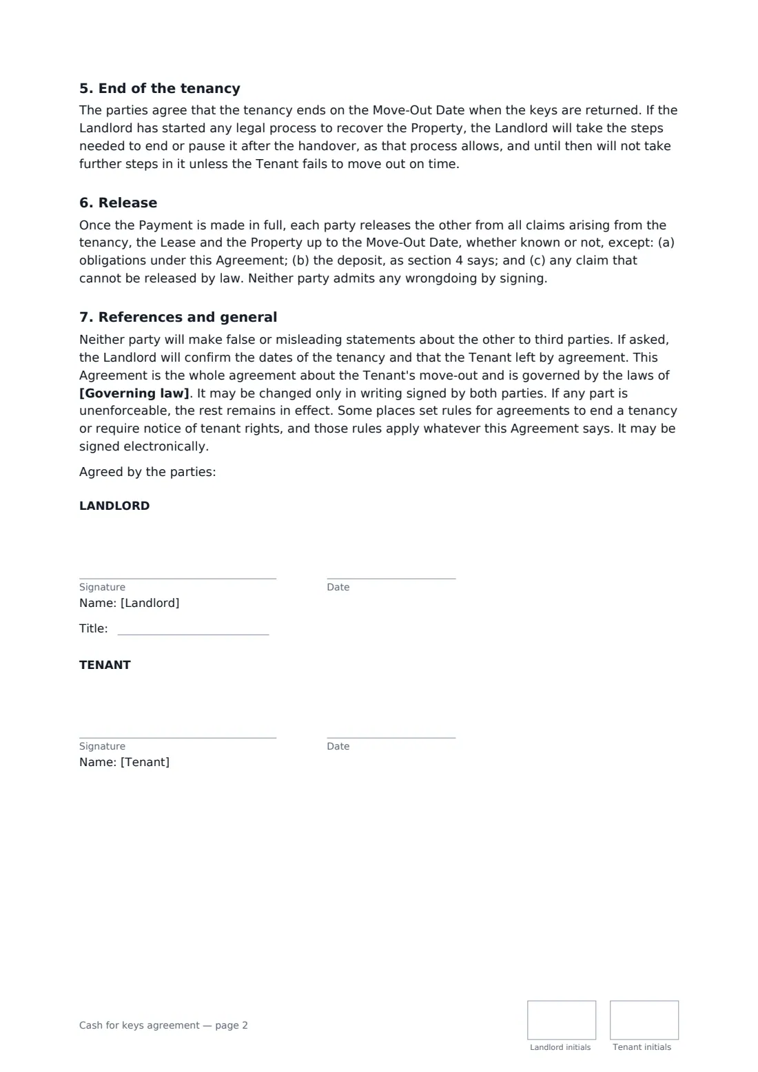 Cash for keys agreement — page 2 of 2
