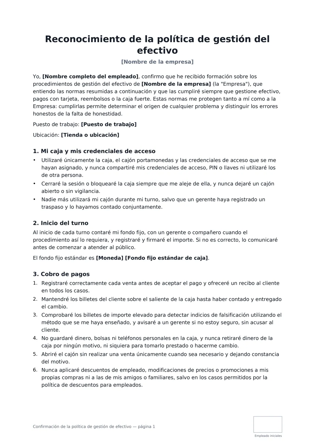 Confirmación de la política de gestión de efectivo: página 1 de 3