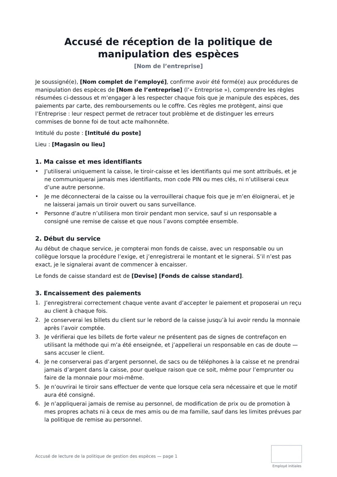 Accusé de lecture de la politique de gestion des espèces — page 1 sur 3