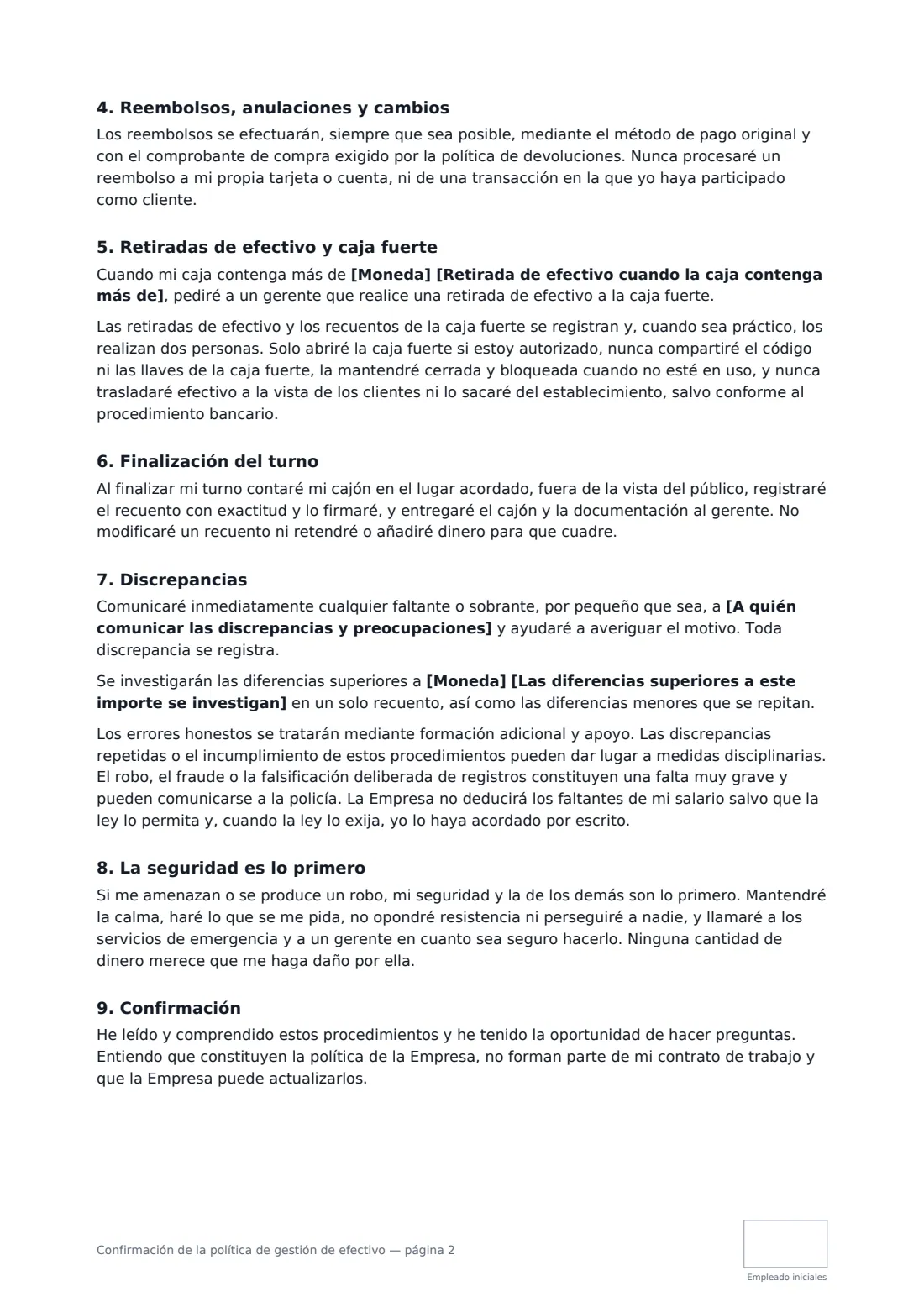 Confirmación de la política de gestión de efectivo: página 2 de 3