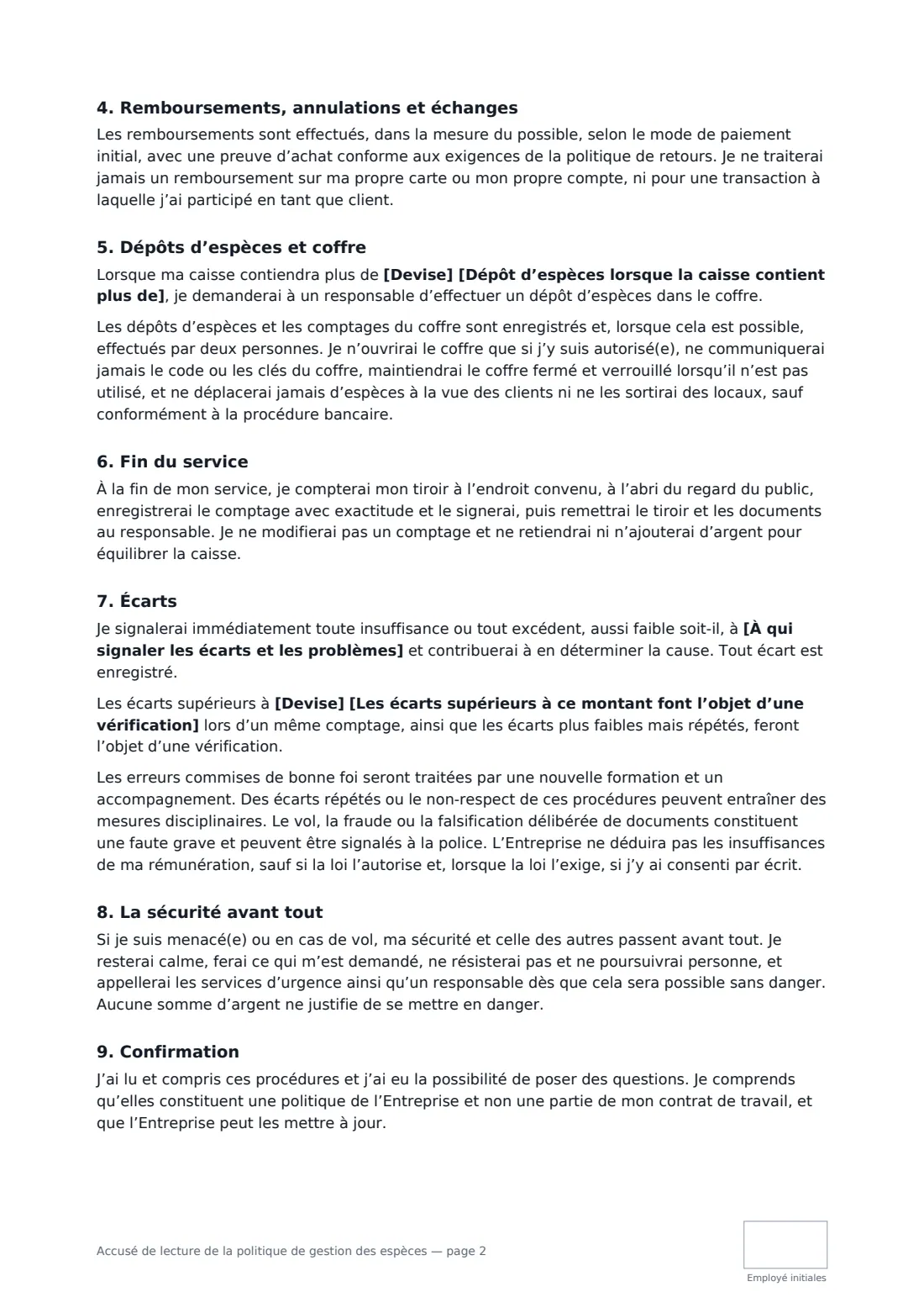 Accusé de lecture de la politique de gestion des espèces — page 2 sur 3