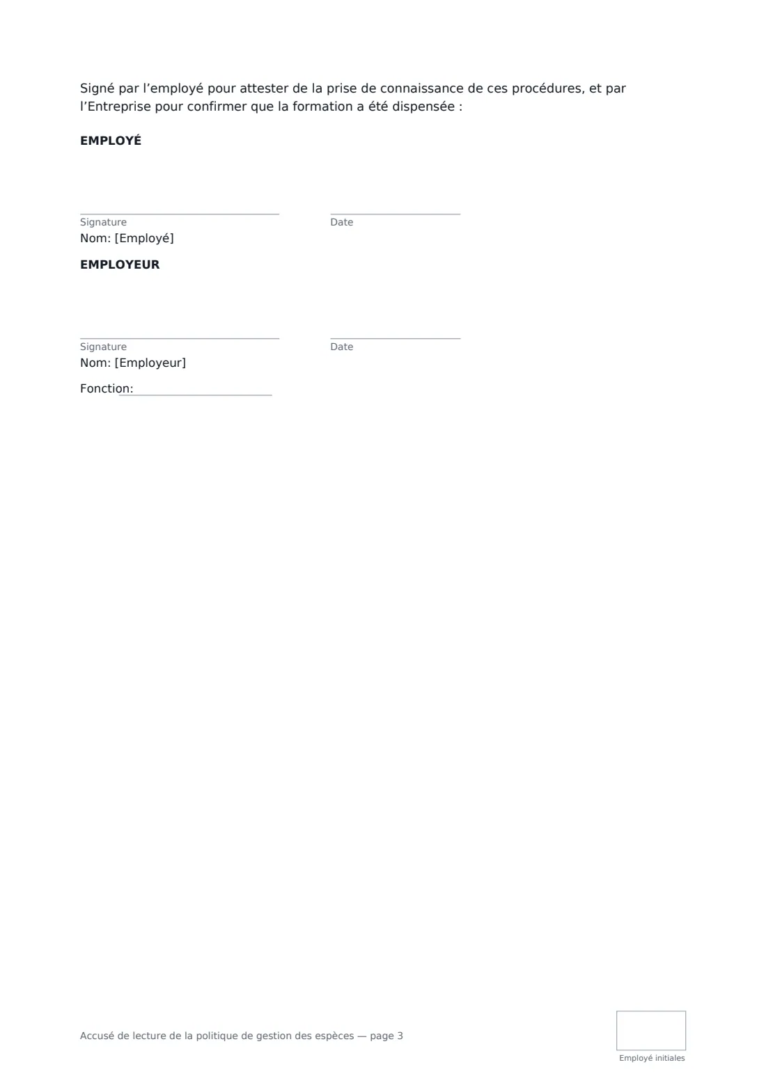 Accusé de lecture de la politique de gestion des espèces — page 3 sur 3
