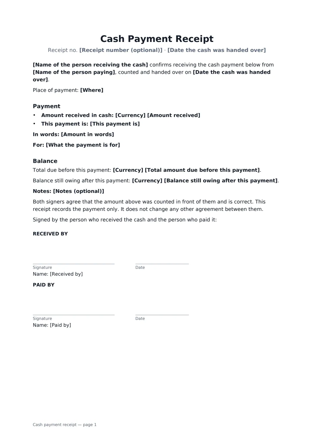 Cash payment receipt — page 1 of 1