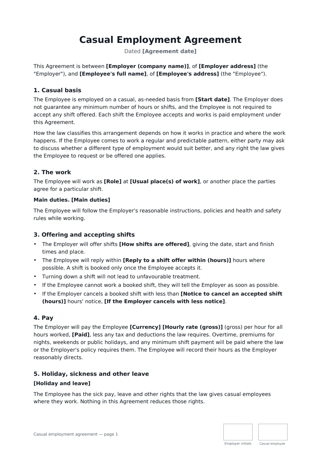 Casual employment agreement — page 1 of 2