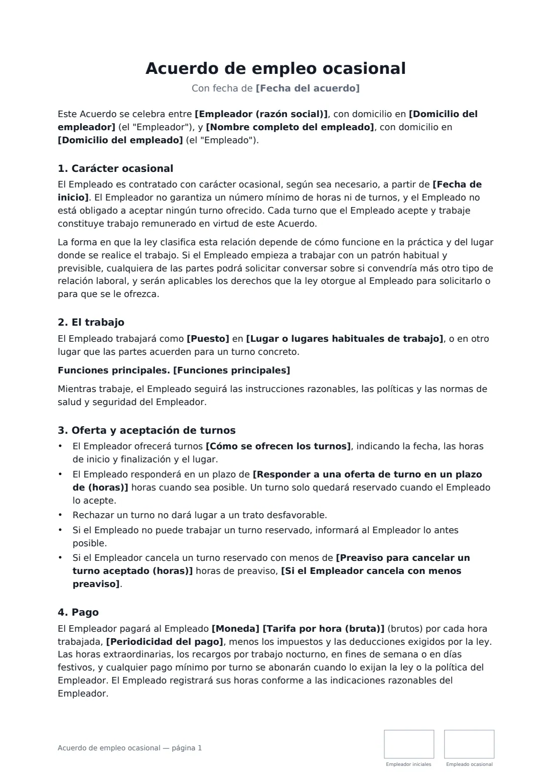 Acuerdo de empleo ocasional: página 1 de 3