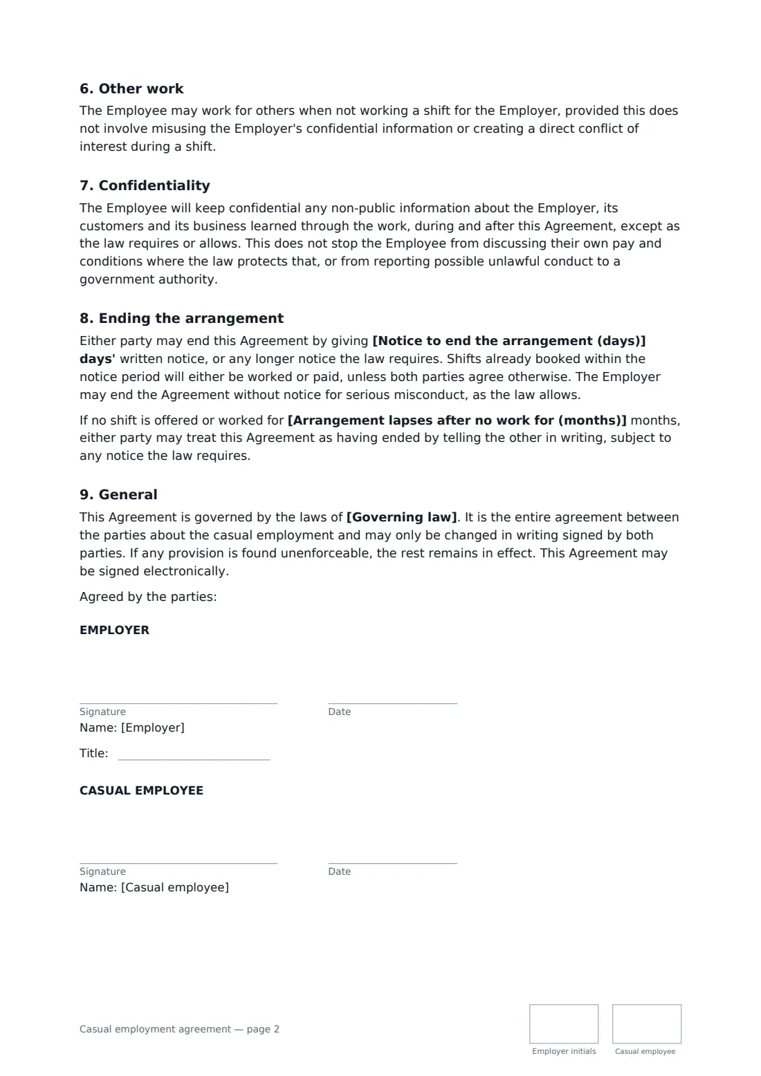 Casual employment agreement — page 2 of 2