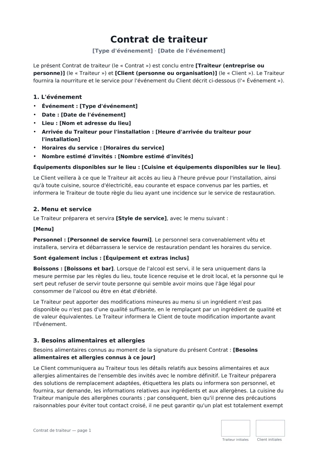 Contrat de traiteur — page 1 sur 3