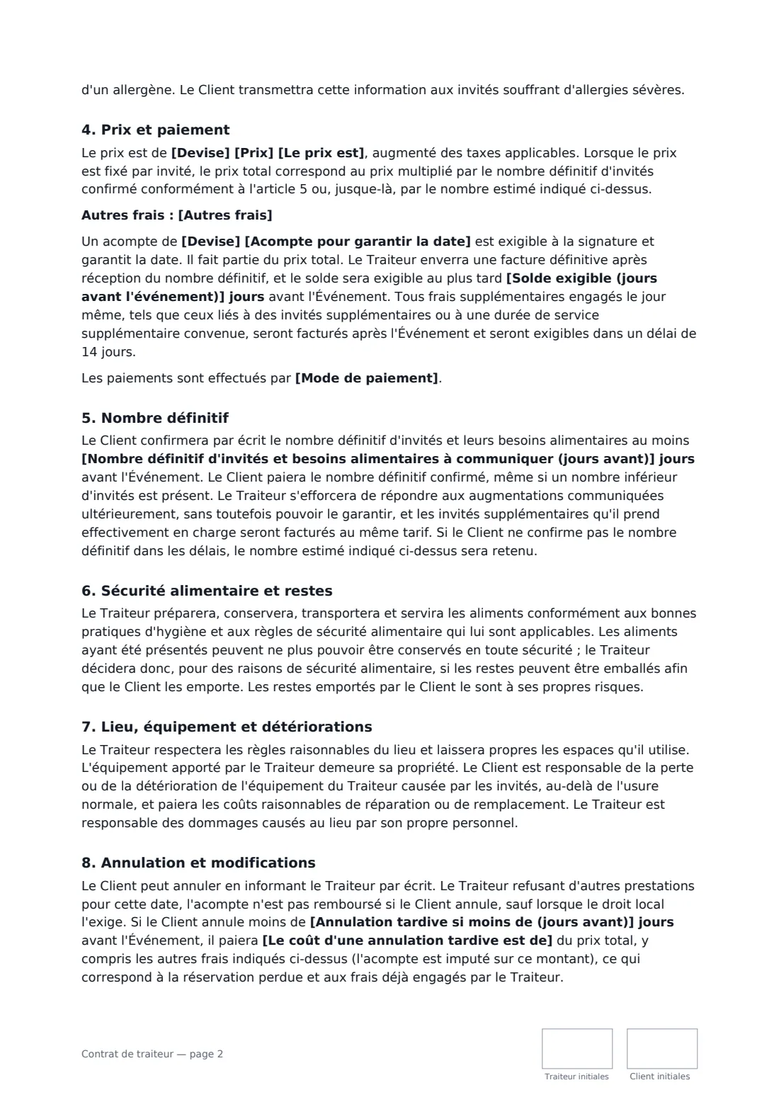 Contrat de traiteur — page 2 sur 3
