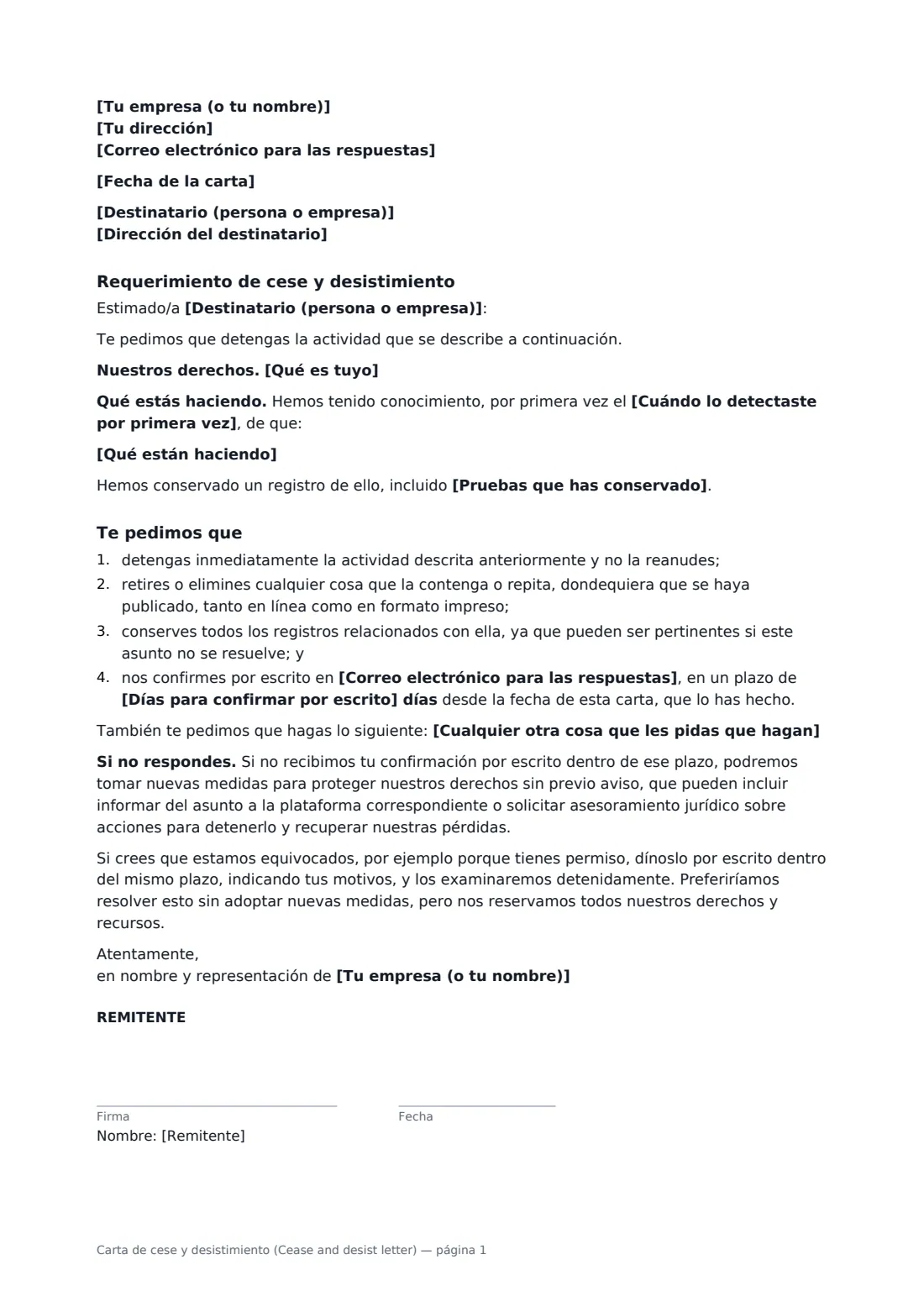 Carta de cese y desistimiento (Cease and desist letter): página 1 de 1