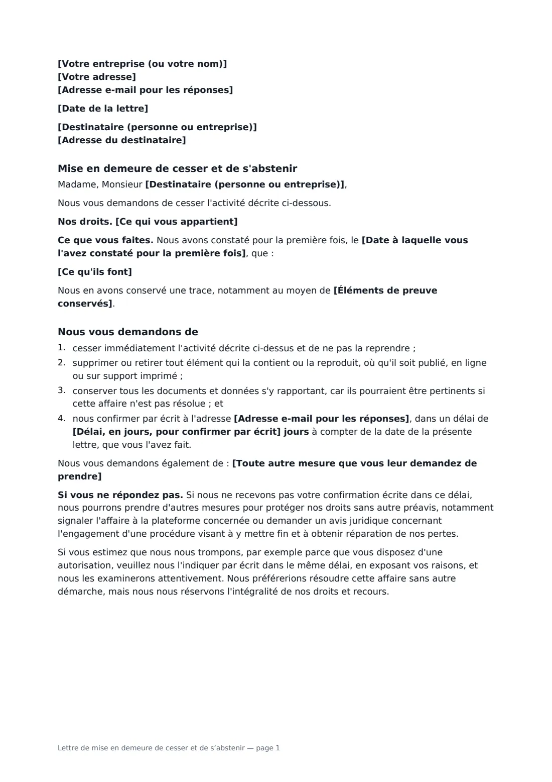 Lettre de mise en demeure de cesser et de s’abstenir — page 1 sur 2