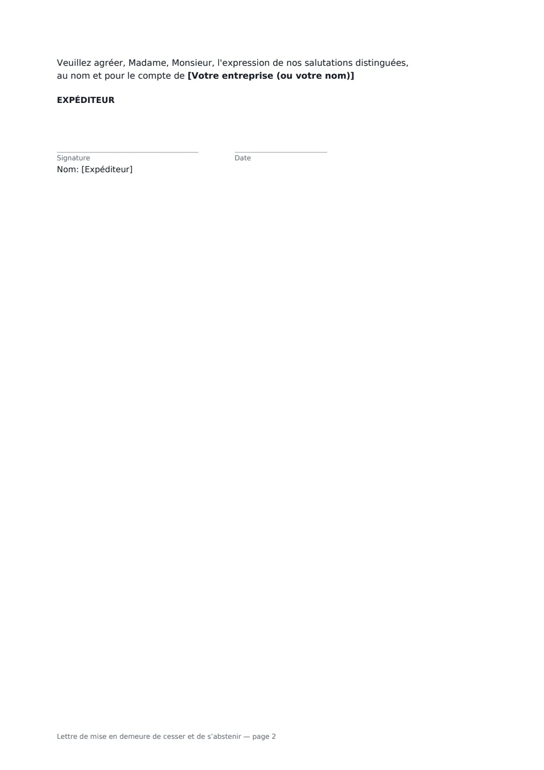 Lettre de mise en demeure de cesser et de s’abstenir — page 2 sur 2