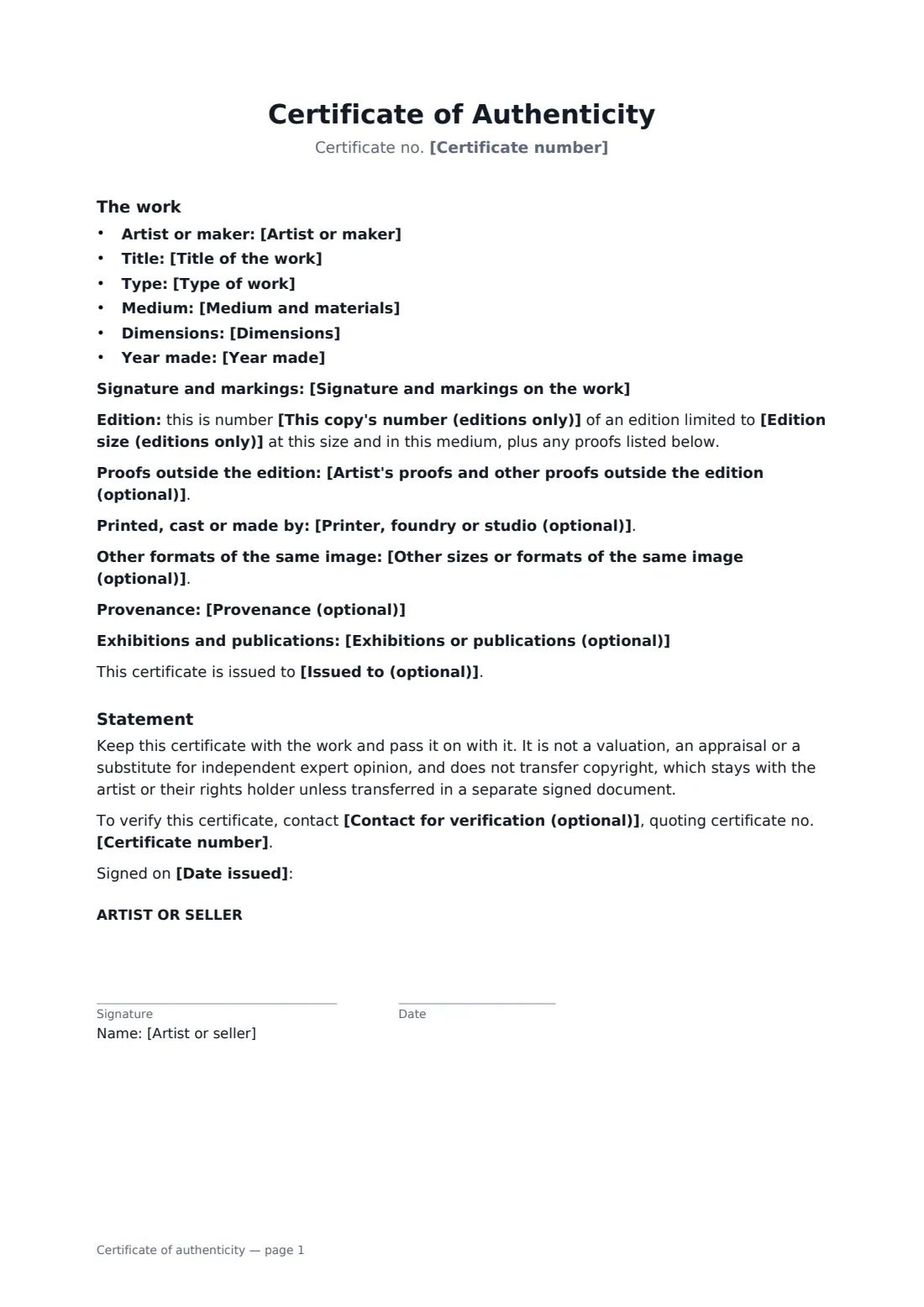 Certificate of authenticity — page 1 of 1