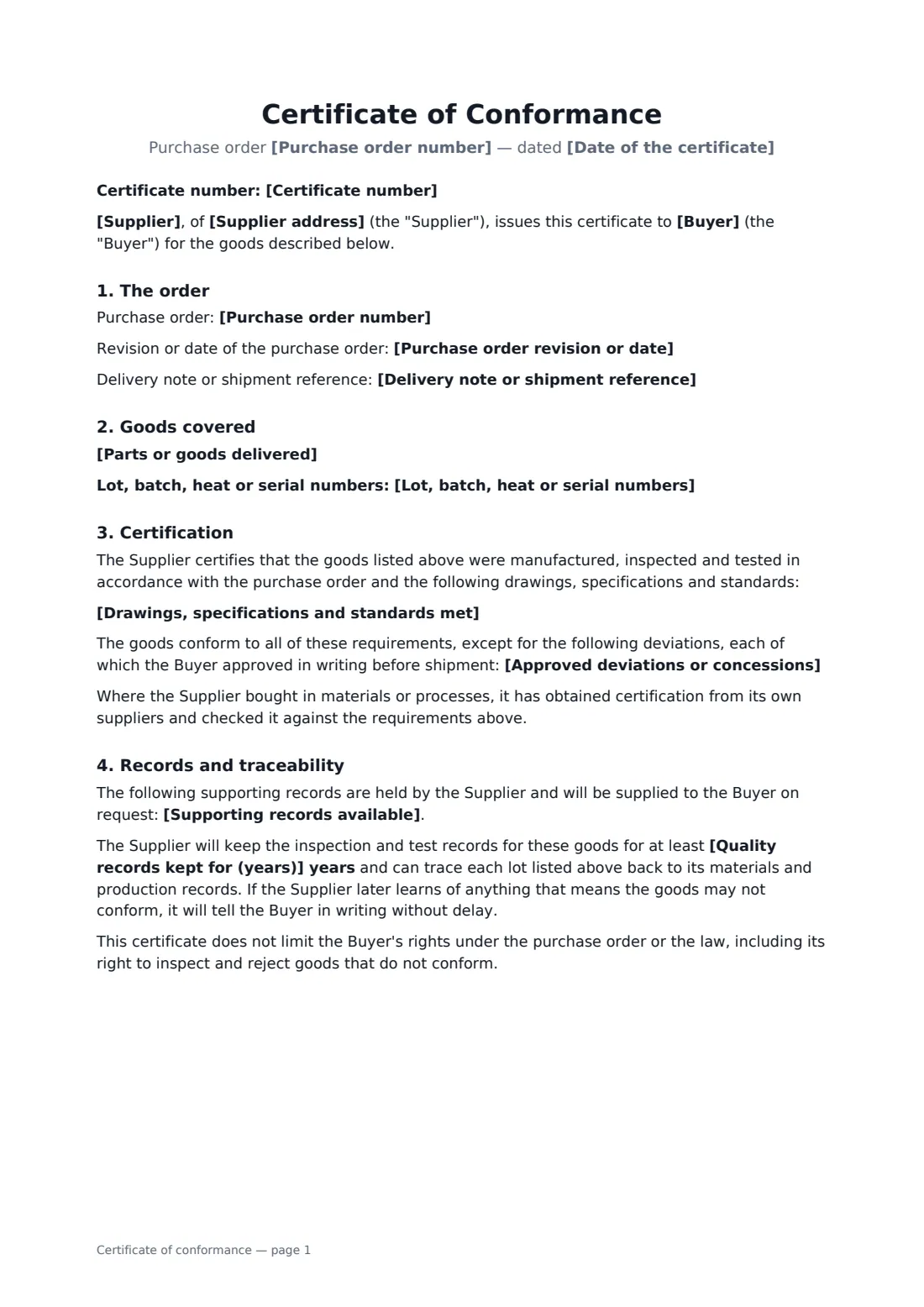 Certificate of conformance — page 1 of 2