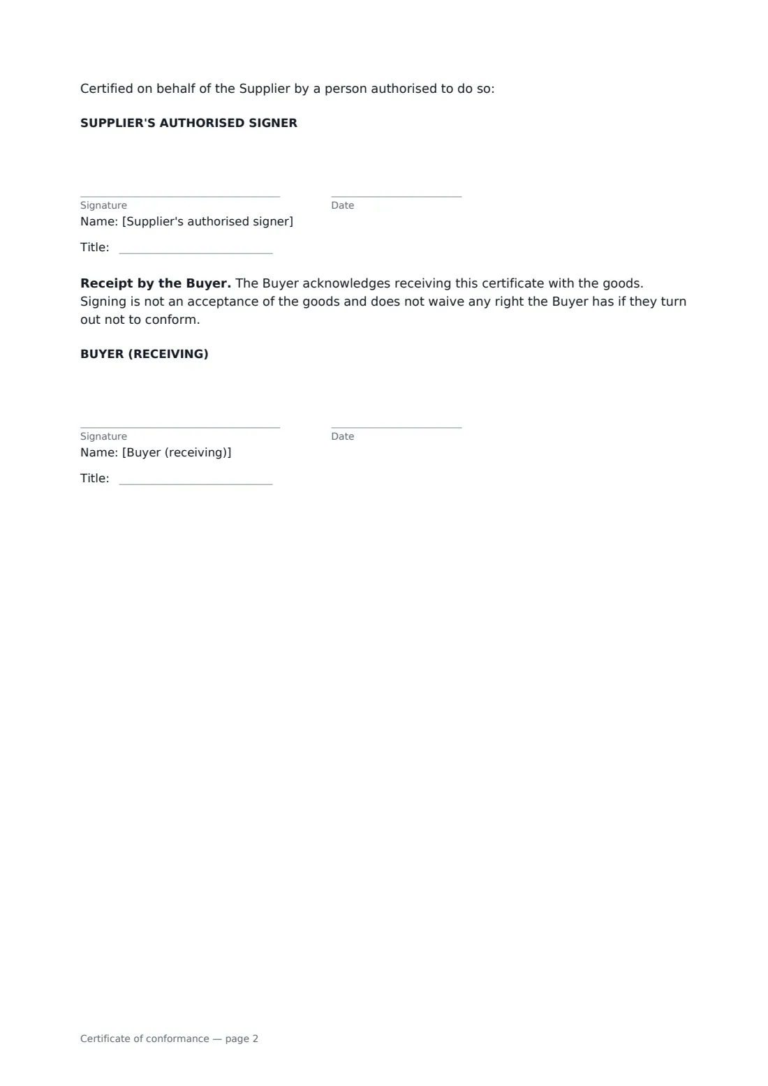 Certificate of conformance — page 2 of 2